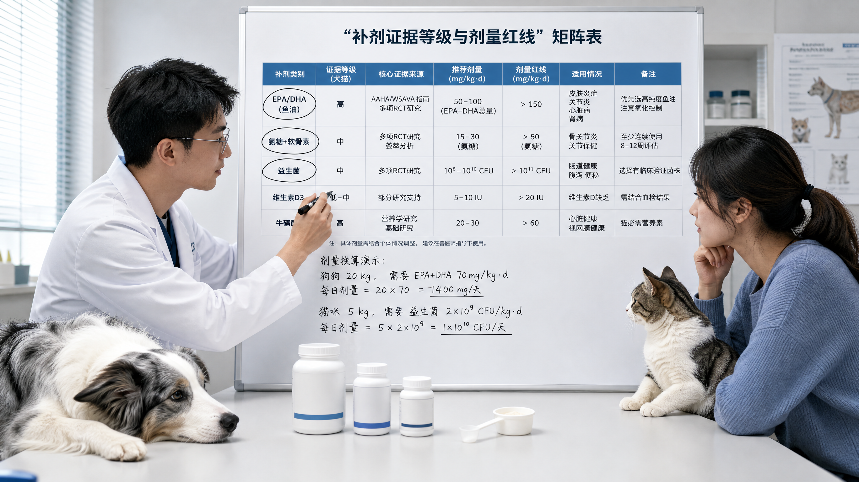 中国年轻兽医营养师在小型动物诊室的桌前，给一位中国年轻宠物主人讲解“补剂证据等级与剂量红线”矩阵表，