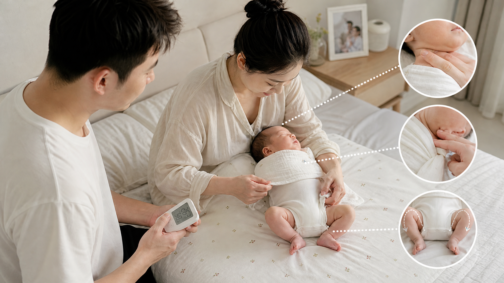 中国年轻父母在夏季家中卧室护理新生儿,妈妈在床边用一层薄纱方形襁褓布为新生儿做“只包上肢、下肢松开”