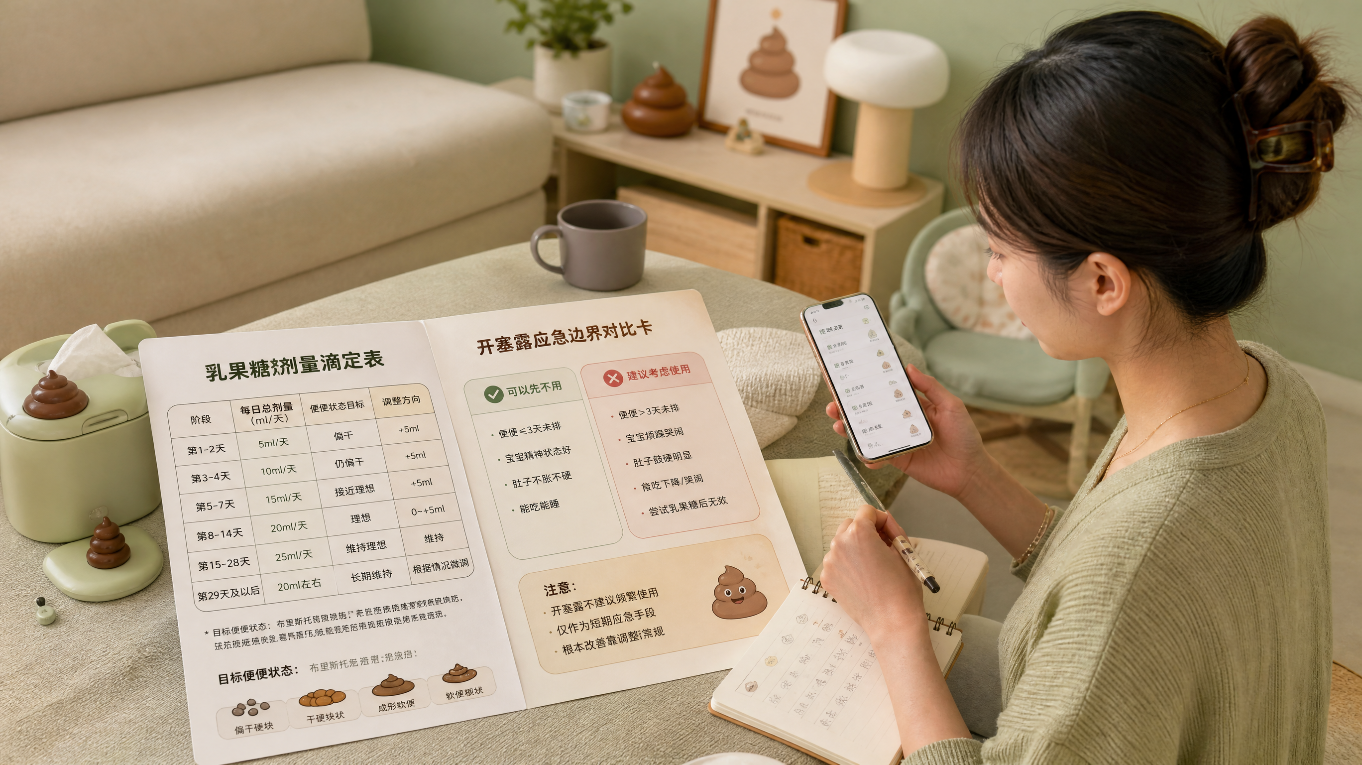 中国年轻妈妈在家中温暖整洁的客厅里，手拿记录本和手机，正在记录宝宝排便情况；旁边桌面放着“乳果糖剂量