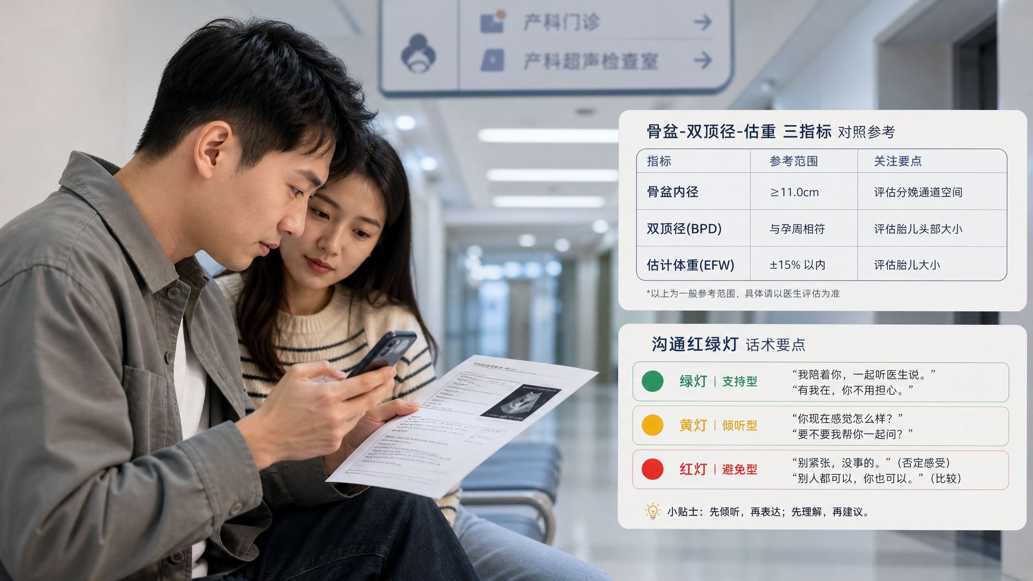 场景为医院产科走廊的候诊区，中国年轻准爸爸手持产检报告单与手机备忘录，旁边有一张简洁的信息卡片展示“