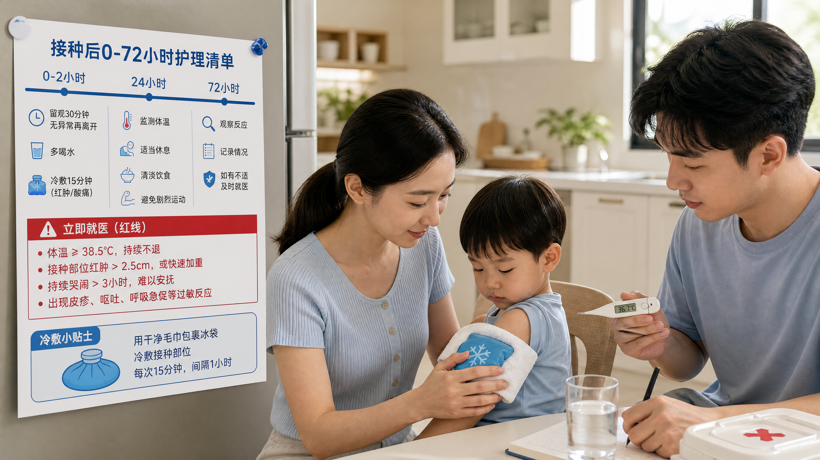中国年轻父母在家中明亮整洁的厨房，冰箱门上贴着“接种后0-72小时护理清单”时间轴纸张（0-2小时、