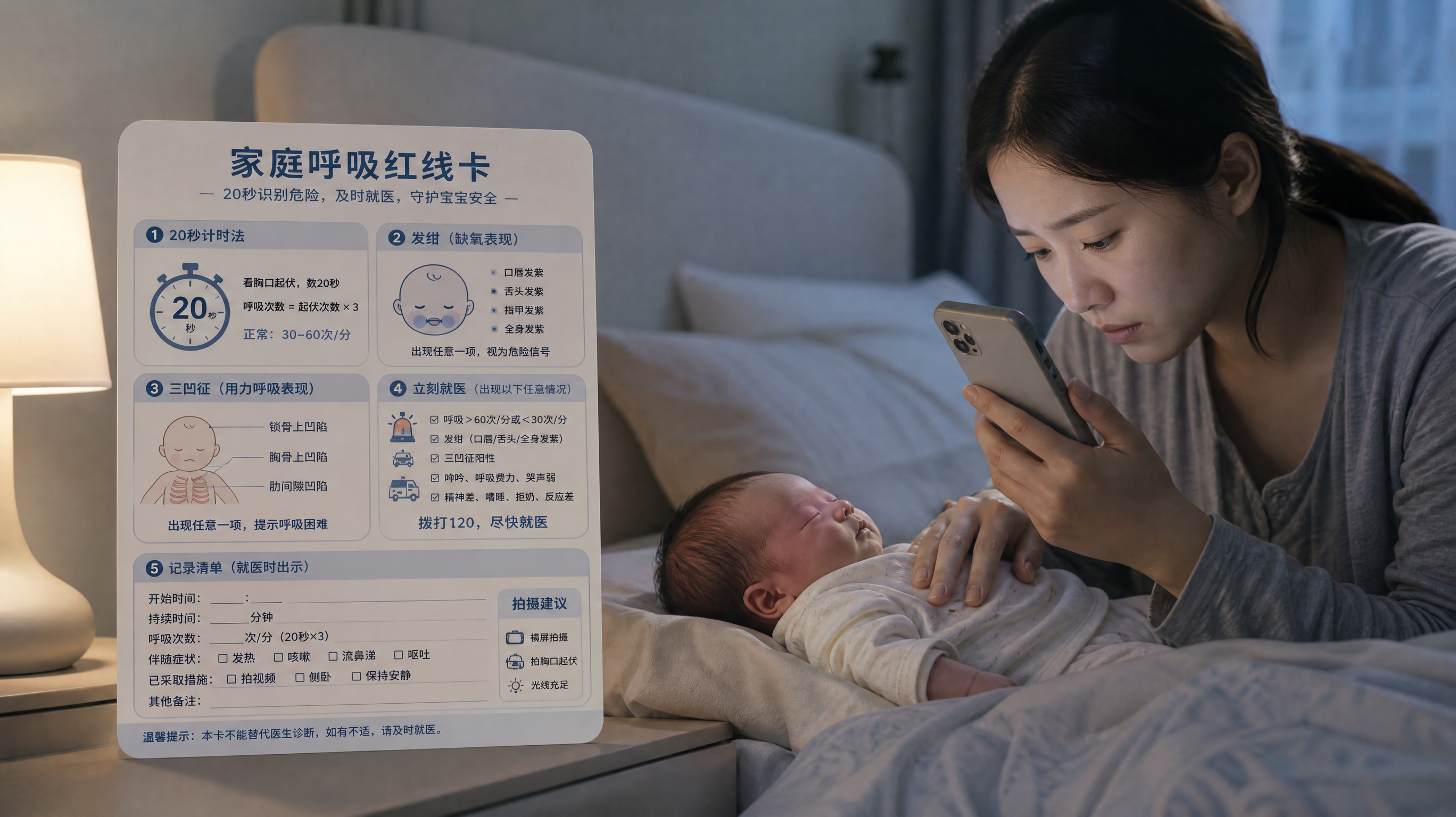 场景为夜间安静卧室,床边柔和小夜灯照明;中国年轻妈妈抱着中国新生儿在床旁观察呼吸,妈妈一手拿手机准备