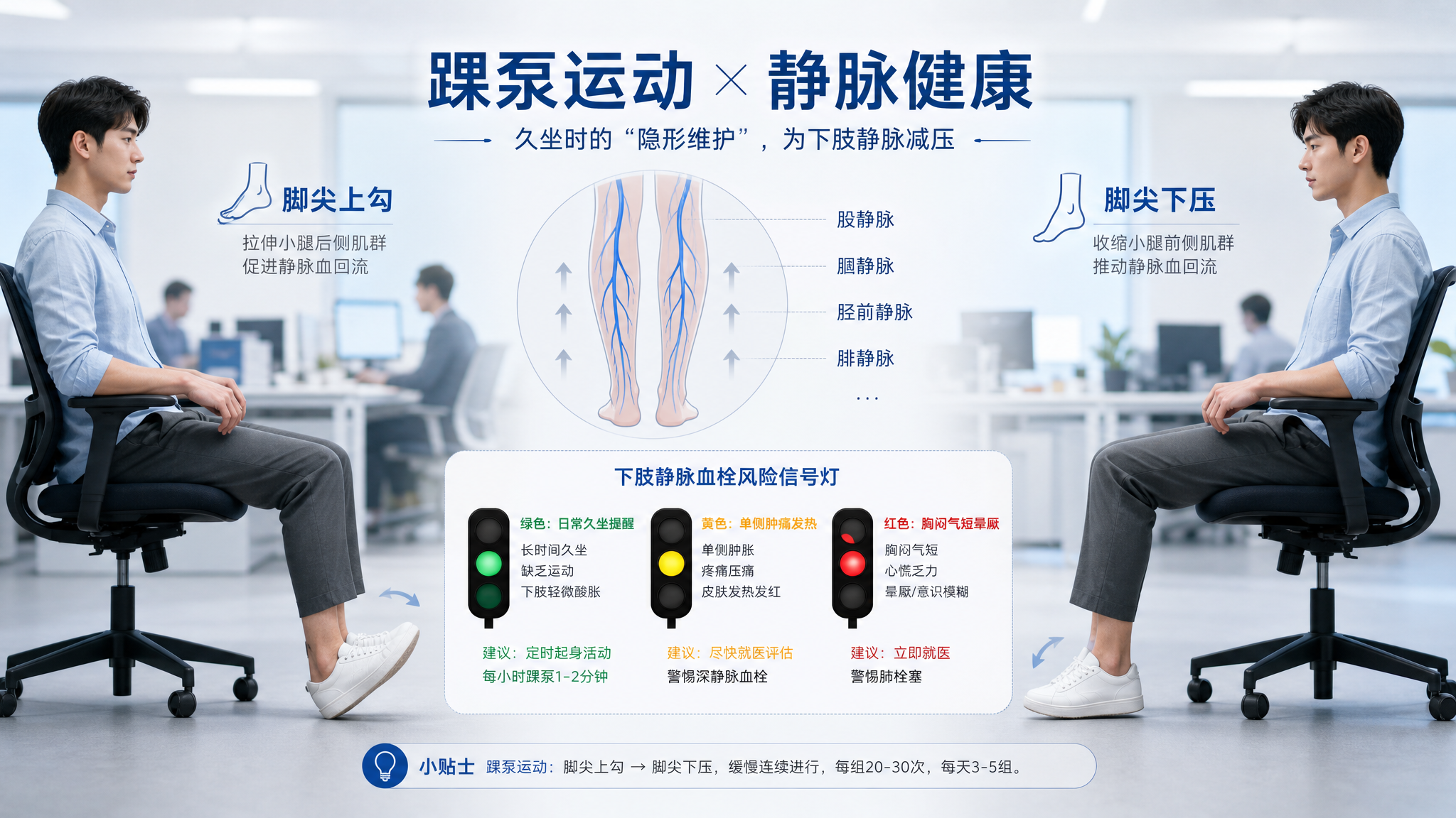 科研感健康科普信息图场景，中国办公室工位环境作为背景虚化，一位中国年轻上班族坐在办公椅上做踝泵动作（