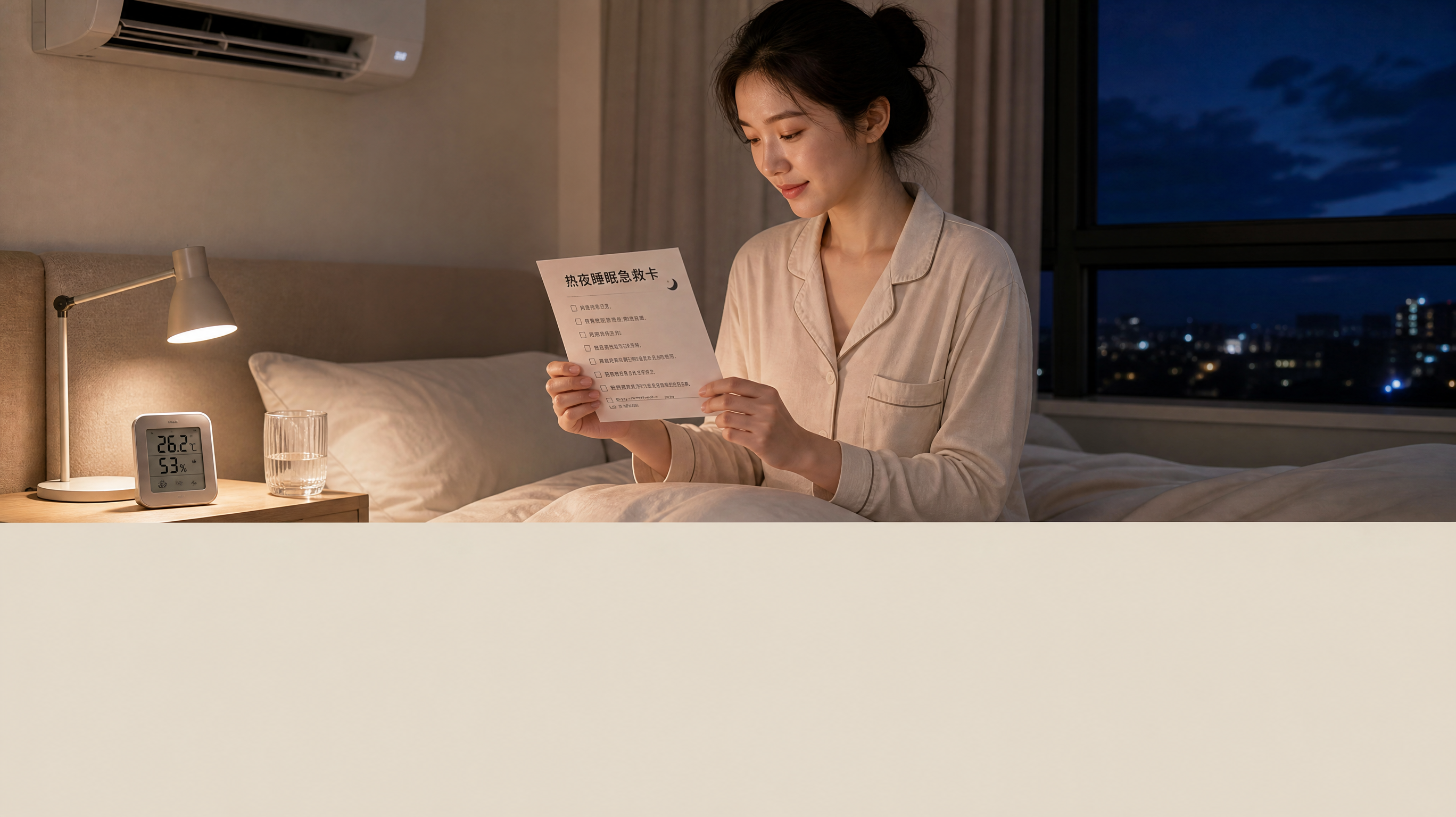 中国女性(30岁左右,居家睡衣)在卧室床边准备睡前流程,手里拿着一张“热夜睡眠急救卡”清单,床头有小