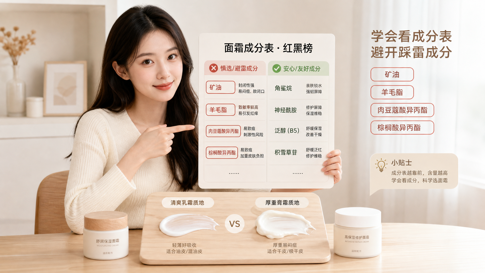 米白极简风护肤科普海报场景，中国年轻女性在干净的桌面前用手指指向一张“面霜成分表红黑榜”卡片，桌上放