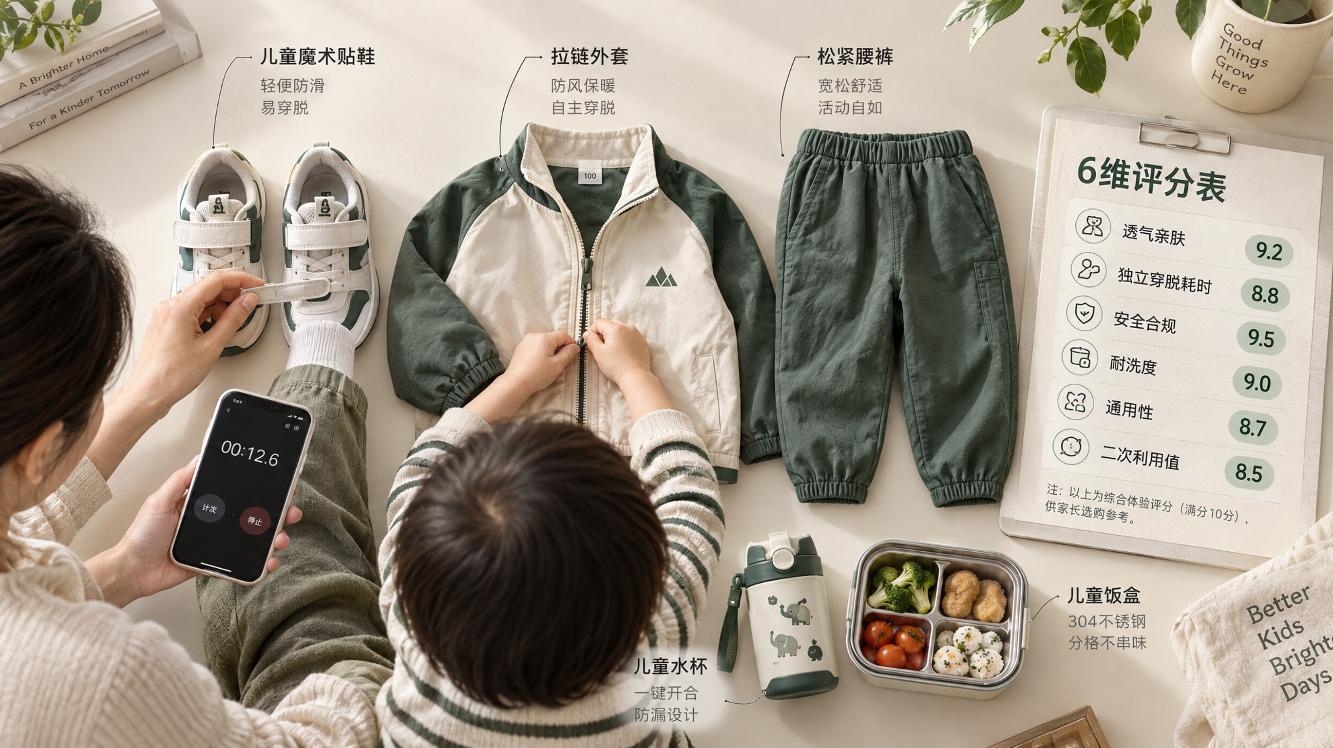 俯拍平铺构图，米白背景上整齐摆放中国幼儿入园常见装备：一双儿童魔术贴鞋、一件拉链外套、一条松紧腰裤、