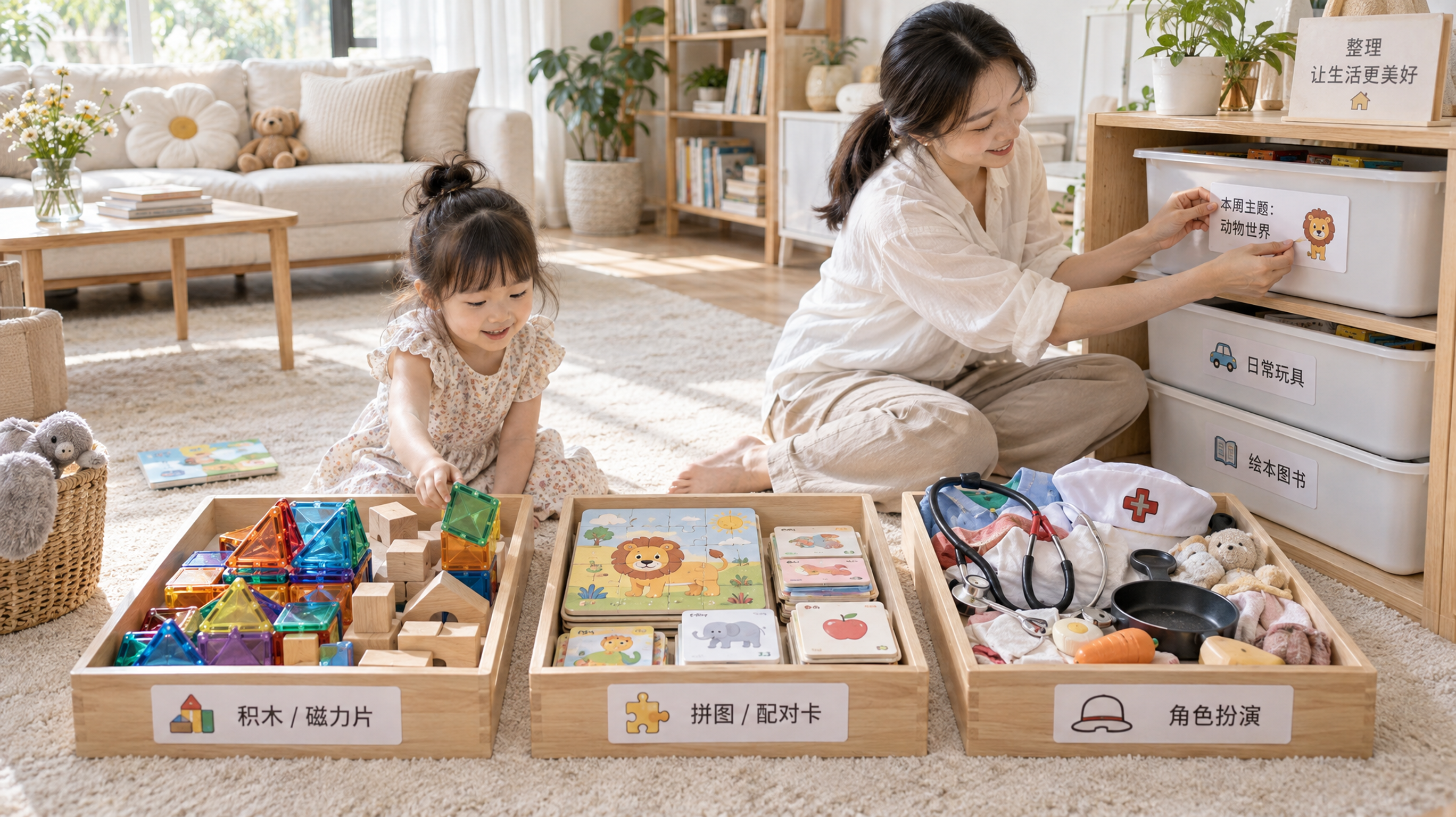 中国年轻妈妈和中国3-6岁幼儿在夏日明亮的家庭客厅里一起整理玩具，地面干净，旁边有编号收纳箱与标签贴