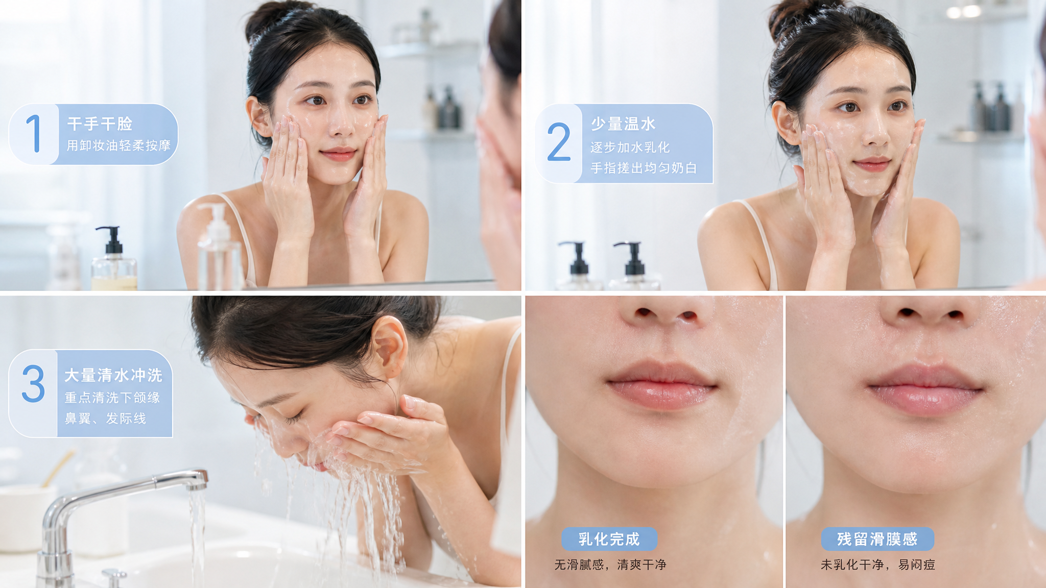 轻盈玻璃拟态风格的护肤科普四格画面,场景为明亮干净的浴室洗手台前,中国年轻女性(20-30岁)对镜卸