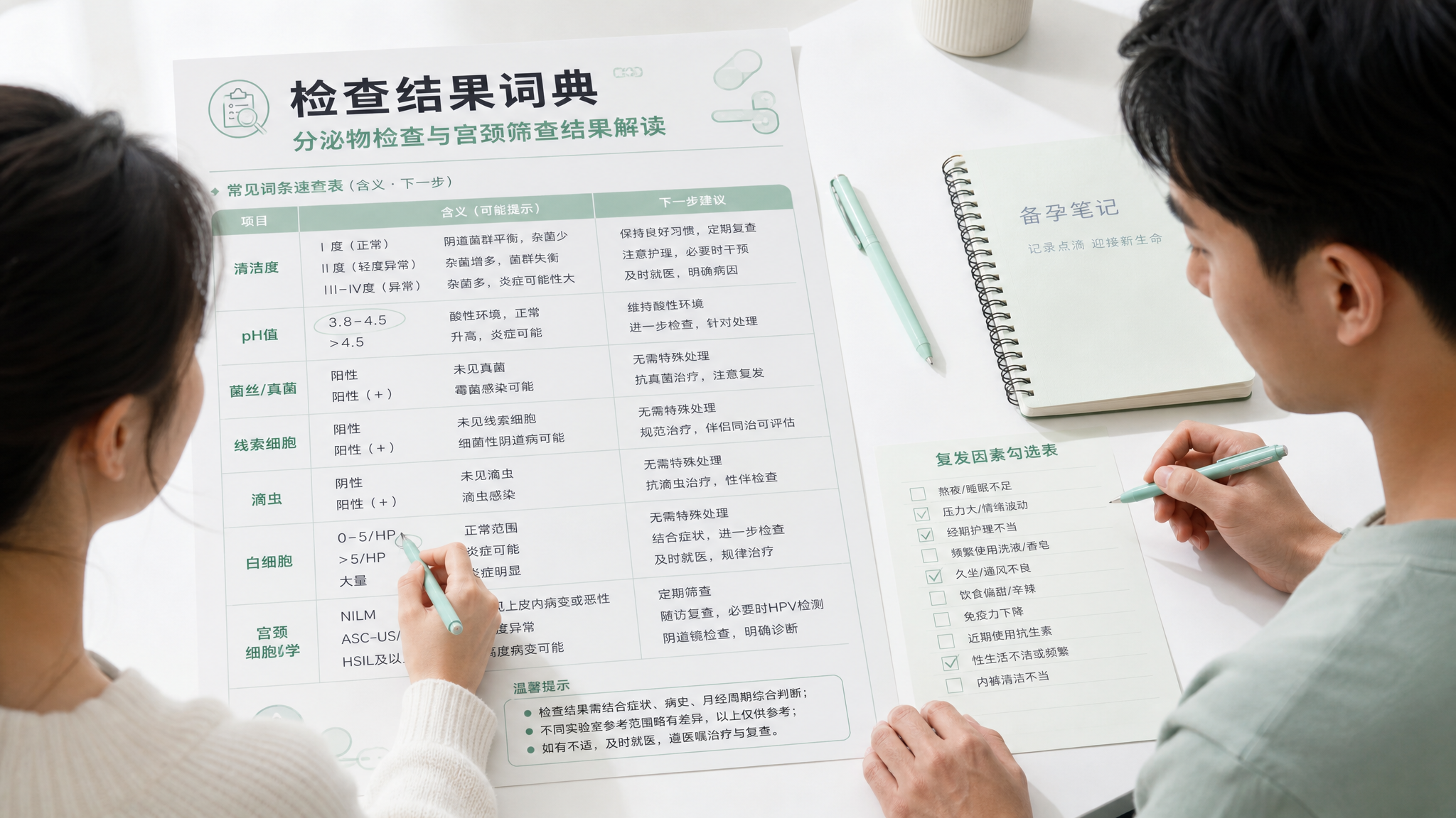 干净白色桌面上摊开一张“检查结果词典”信息长图海报,主题为分泌物检查与宫颈筛查结果解读,海报包含清洁