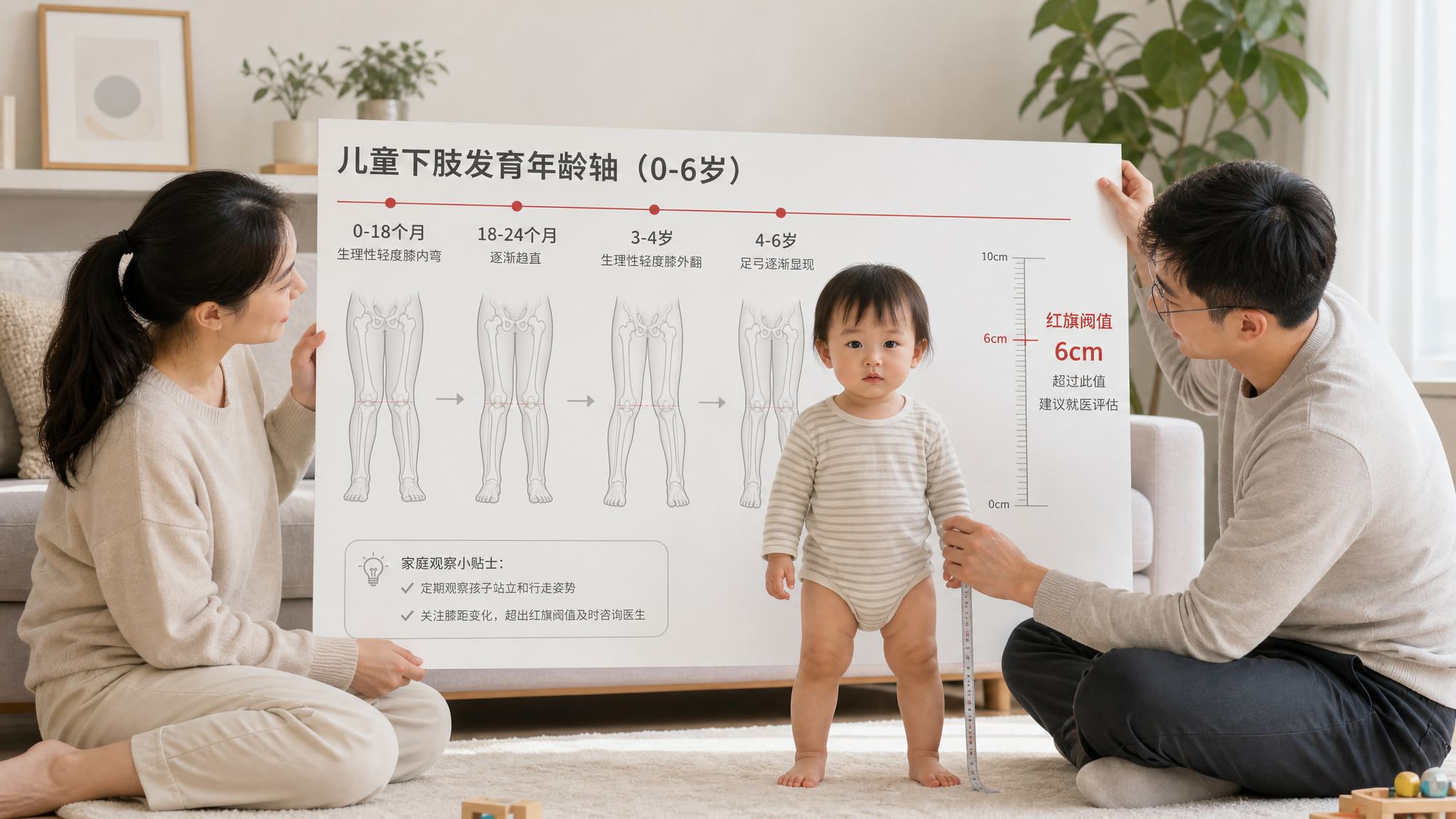 中国年轻父母在家中明亮客厅里,帮助一位中国幼儿(约2岁)光脚自然站立,父母拿着一张“年龄轴时间线海报