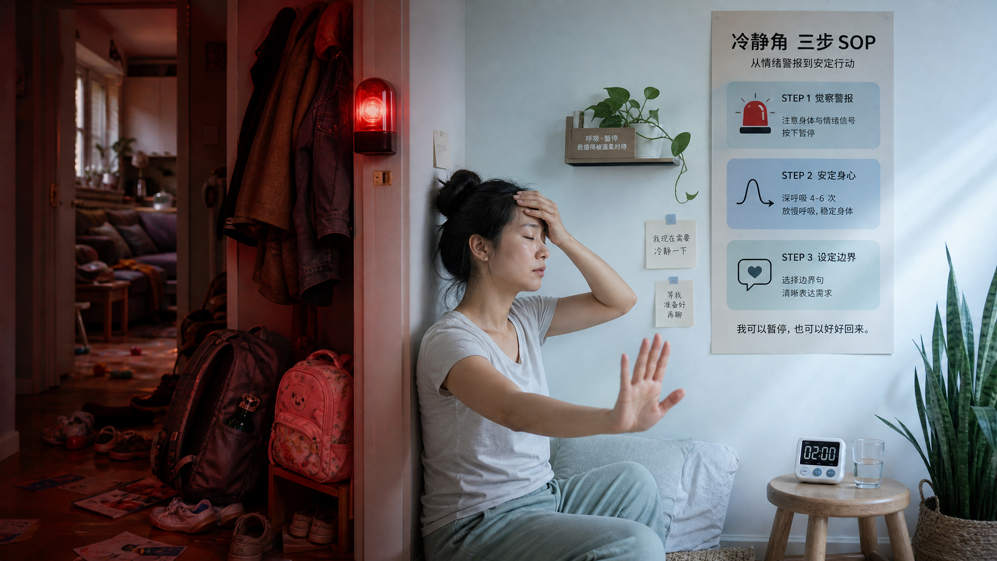 中国年轻妈妈在家中玄关旁的角落设置“冷静角”，墙上贴有三步SOP步骤海报与简洁图标（警报器图标、呼吸