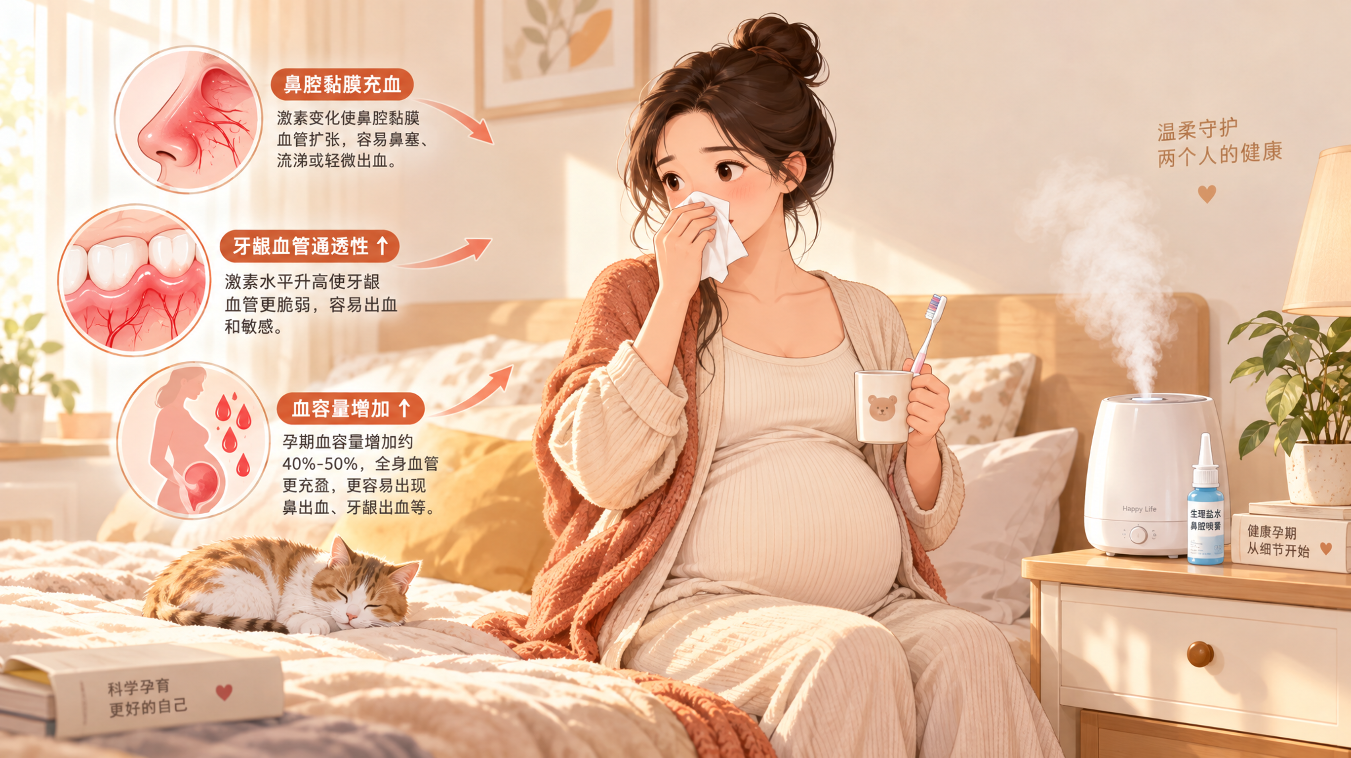 暖橙治愈风插画,画面主体为一位中国孕妈坐在卧室床边,手拿纸巾轻轻擦拭鼻子,另一只手拿软毛牙刷和漱口杯