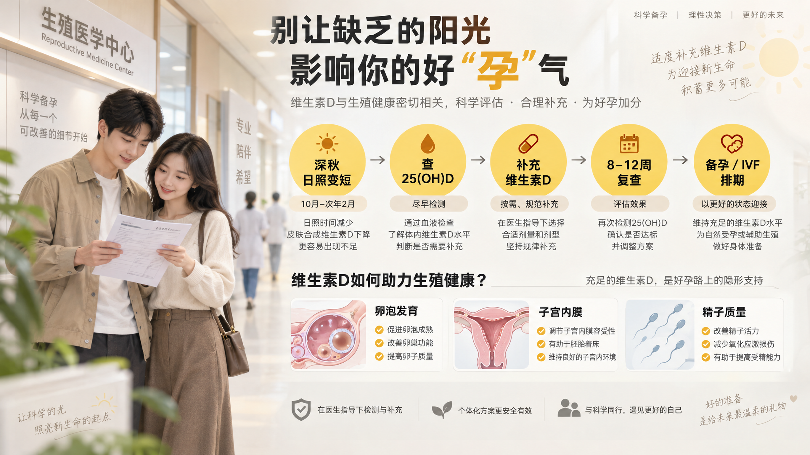 暖灰底色的健康科普长图海报风格,画面中心是一条从“深秋日照变短”到“查25(OH)D—补充—8到12