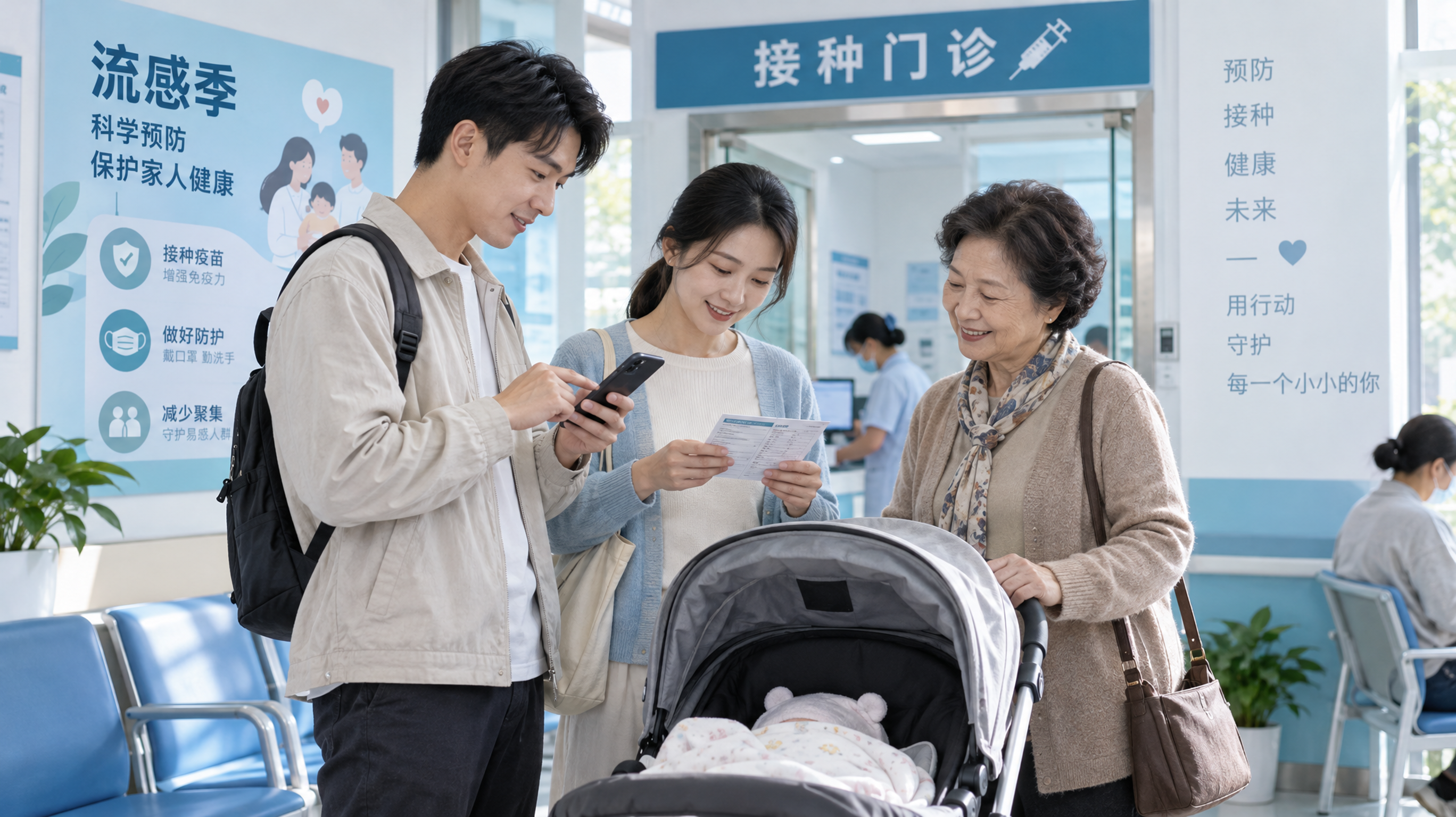 中国年轻父母与一位中国祖辈在社区卫生服务中心的接种门诊外，手持接种登记卡，画面中心为“新生儿婴儿车里