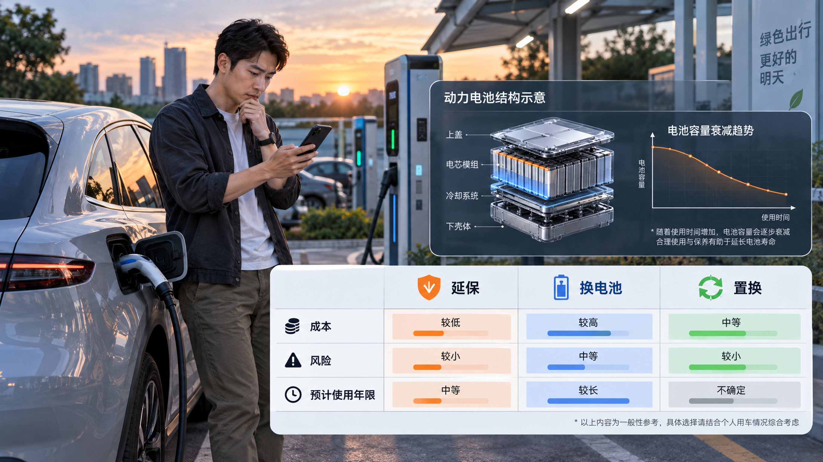 中国车主在停车场旁的充电站场景中,站在一辆新能源车旁查看手机上的费用对比表,表格包含“延保/换电池/