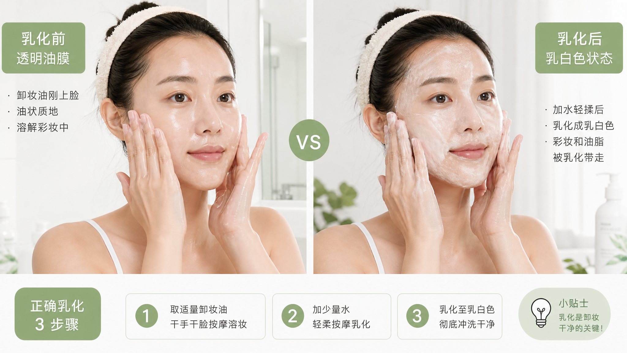 竖版画面，中国年轻女性在家中浴室洗手台前进行卸妆油乳化示范，人物上半身入镜，双手在脸部轻柔按摩，画面