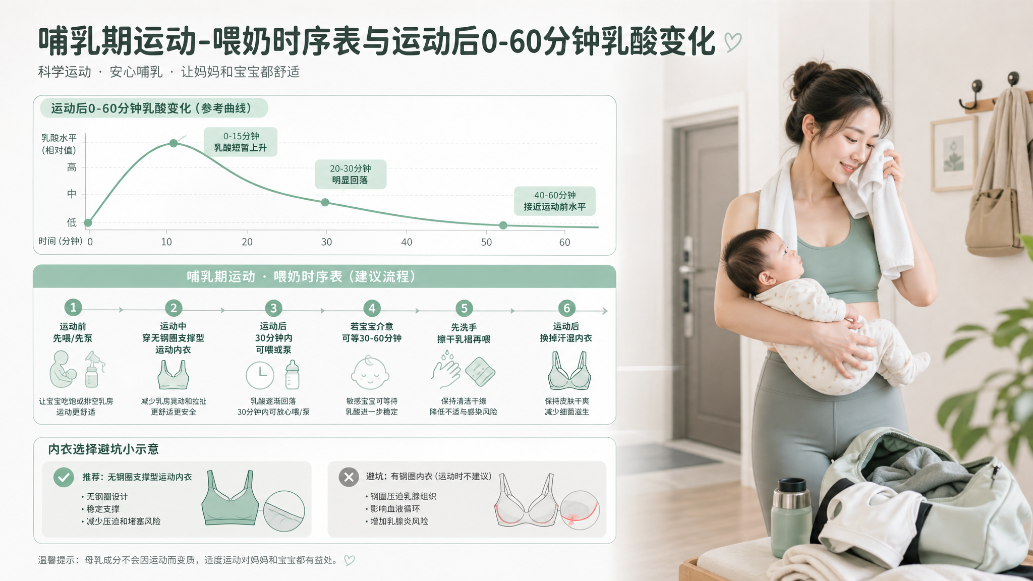 竖版信息图风格插画，主题为“哺乳期运动-喂奶时序表与运动后0-60分钟乳酸变化”，画面上半部分为简洁
