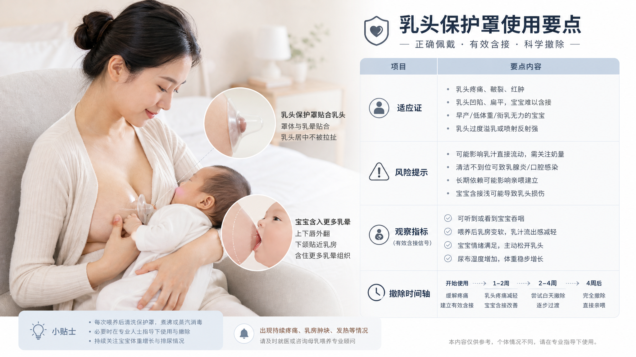 医学科普信息图风格画面,中国年轻妈妈在安静明亮的卧室/哺乳角落坐姿哺乳,中国新生儿侧卧含接,画面突出