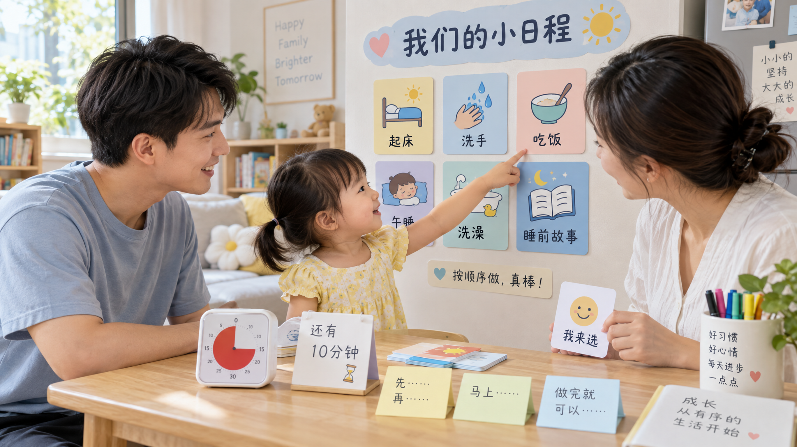 中国年轻爸爸妈妈在家中客厅为1-3岁中国幼儿制作并讲解“可视化微日程表”,墙上贴着大色块图标卡片(起