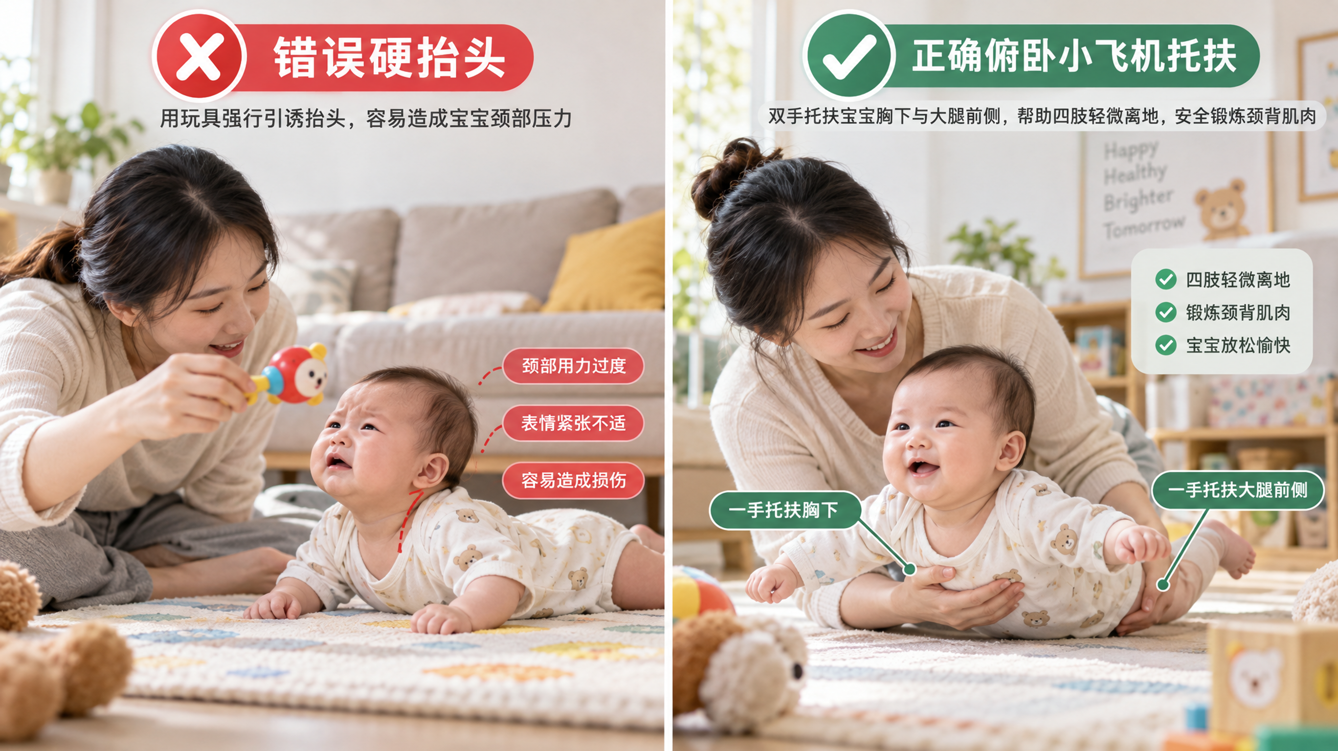 画面为对比式育儿动作科普图，左侧展示“错误硬抬头”场景：一位中国年轻妈妈在家中客厅地垫上用玩具强行引