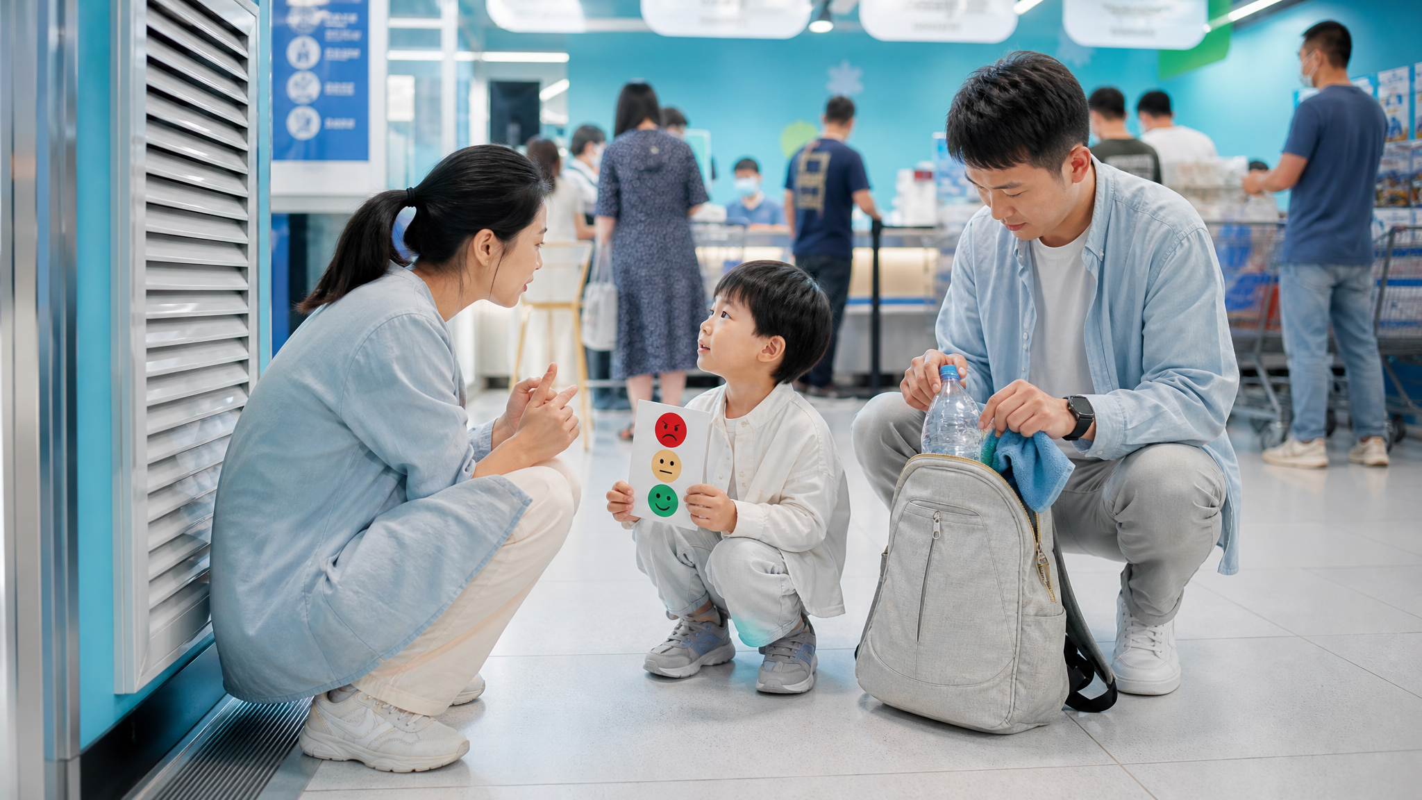 中国年轻父母在超市收银排队区域旁的阴凉空调出风口处，妈妈蹲下与一名中国3-6岁幼儿平视沟通，孩子手里