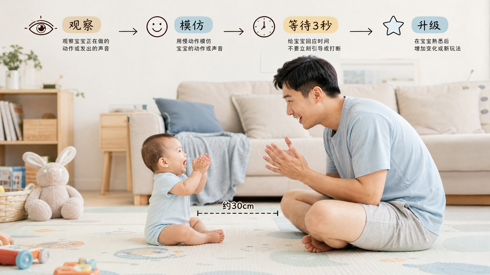 中国年轻爸爸与中国婴儿在家中客厅地垫上面对面坐着，相距约30cm，爸爸保持放松坐姿做“慢动作模仿”，