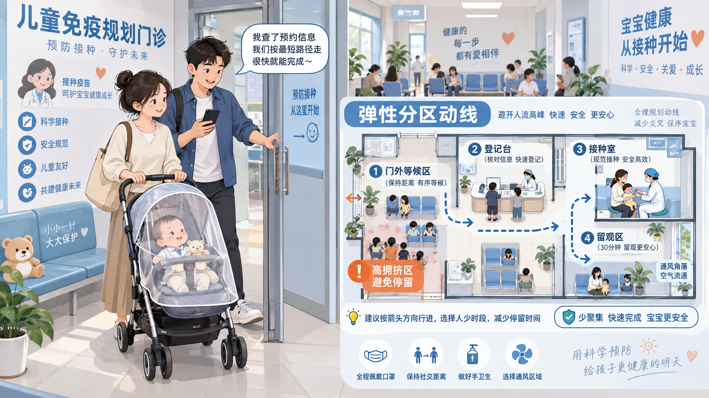 中国儿科免疫规划门诊场景的科普插画，一位中国年轻妈妈推着婴儿推车，婴儿在推车内，推车配有透气罩；旁边