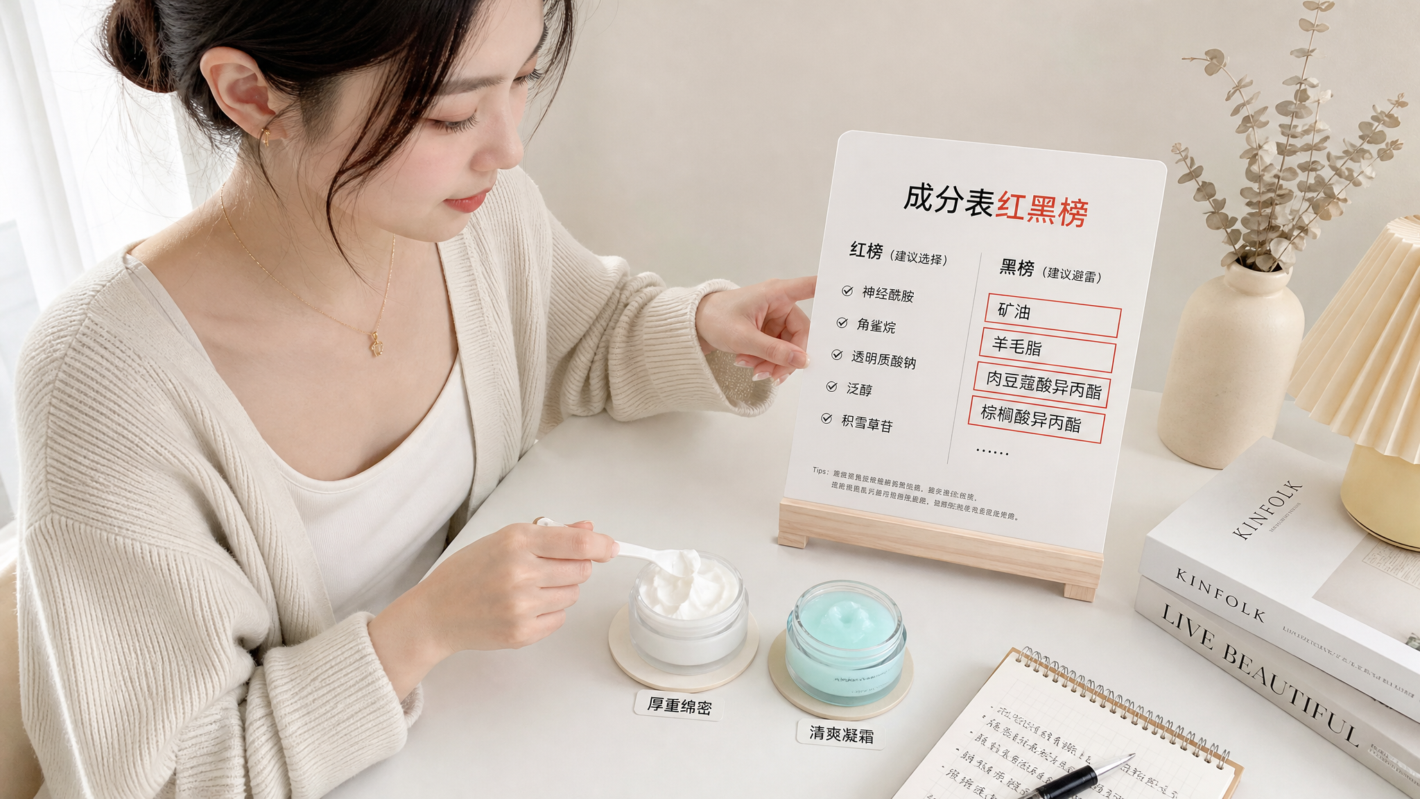 米白极简风护肤科普海报场景,中国年轻女性护肤博主坐在干净明亮的桌前,手边摆放两种面霜质地对比(一个厚