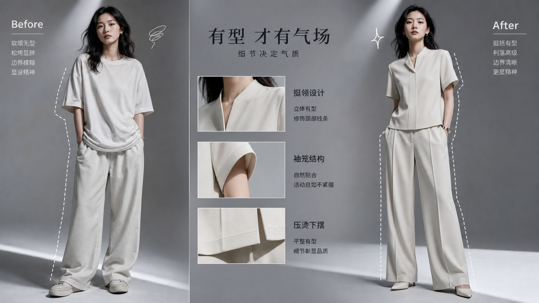 时尚对比海报场景,一张画面左右分屏对照:左侧中国年轻女性穿软塌落肩大T与宽松裤,衣服边界模糊显得没精