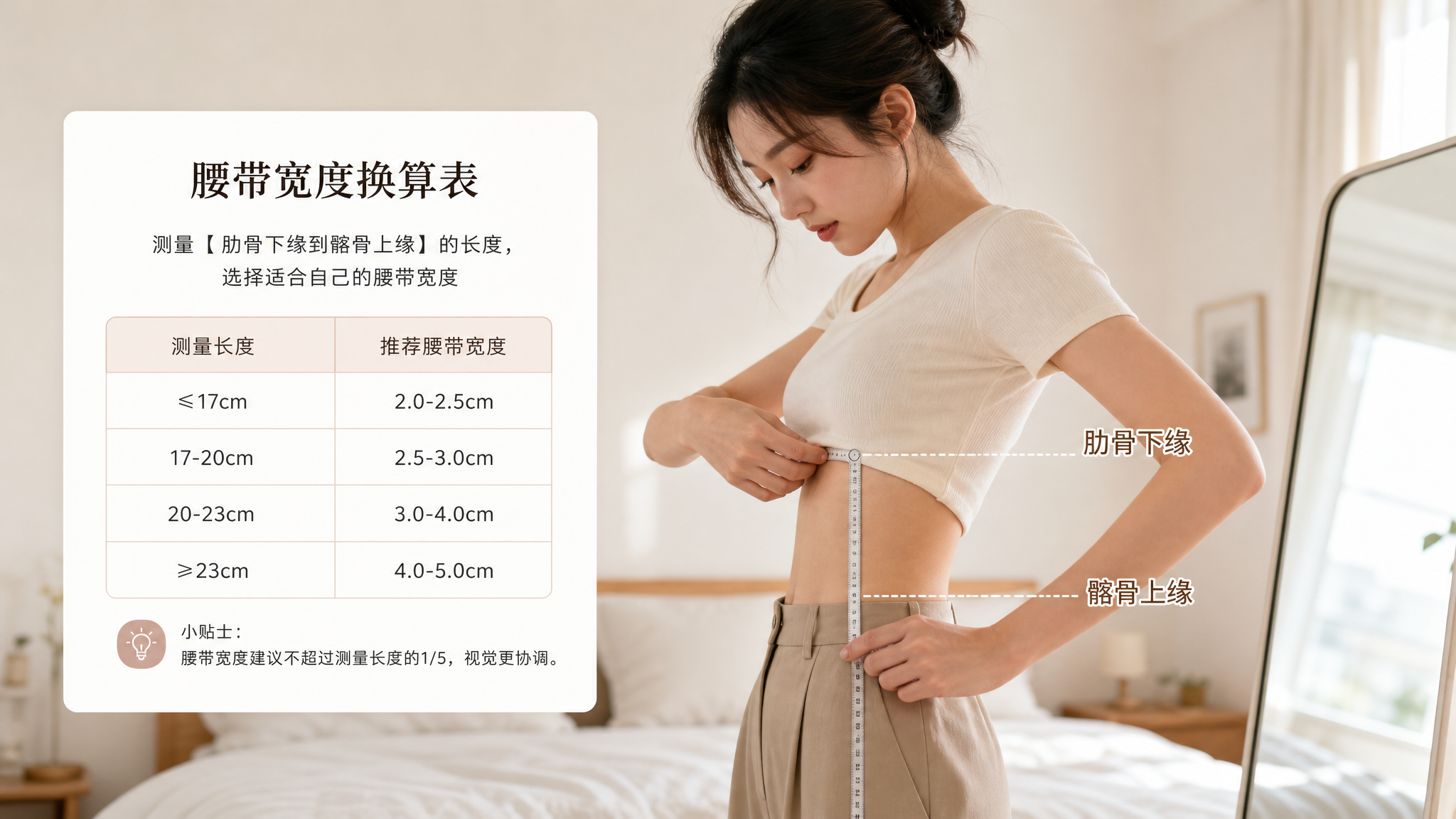 中国年轻女性在家中明亮卧室/试衣镜前侧身站立,穿贴身上衣和高腰下装,用软尺测量从肋骨下缘到髂骨上缘的