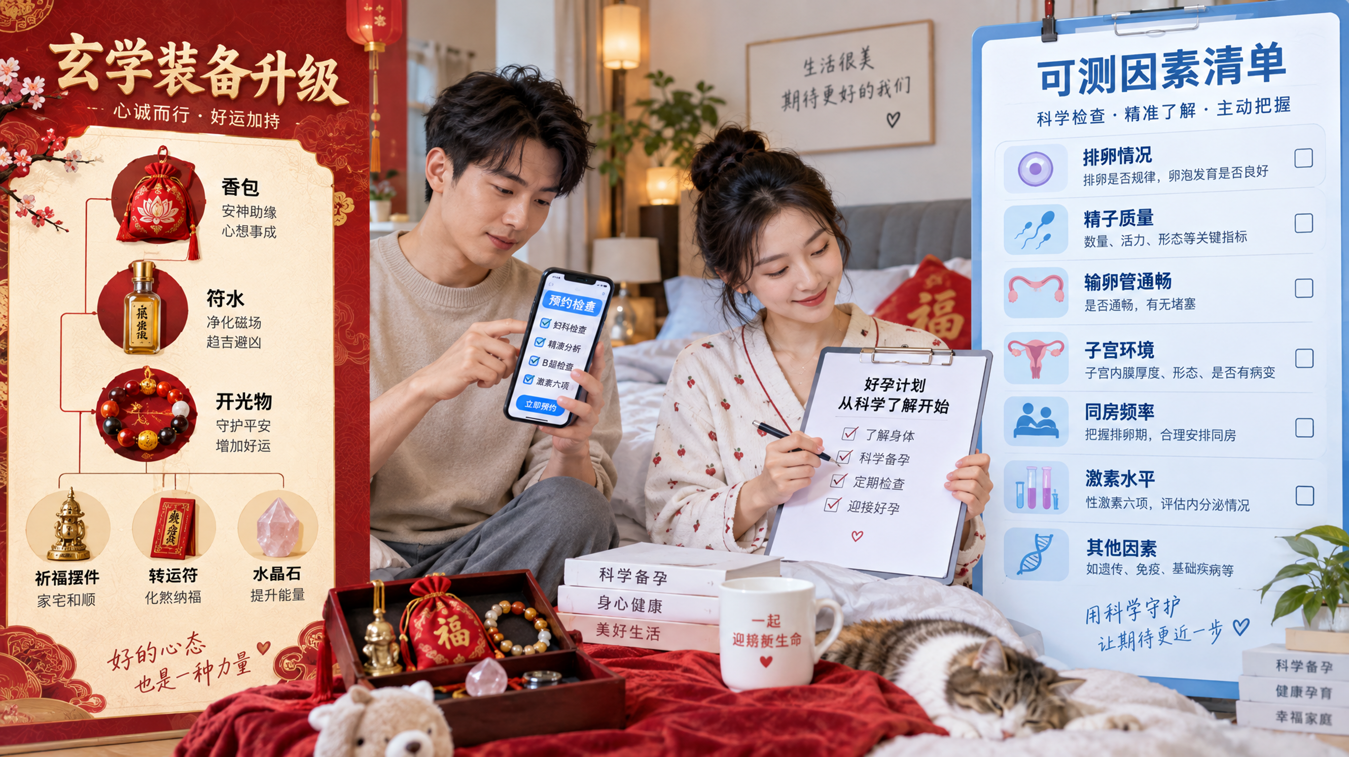 中国年轻夫妻在家中卧室的床边整理物品,画面左侧是“玄学装备升级”树状示意:香包、符水、开光物等用简洁