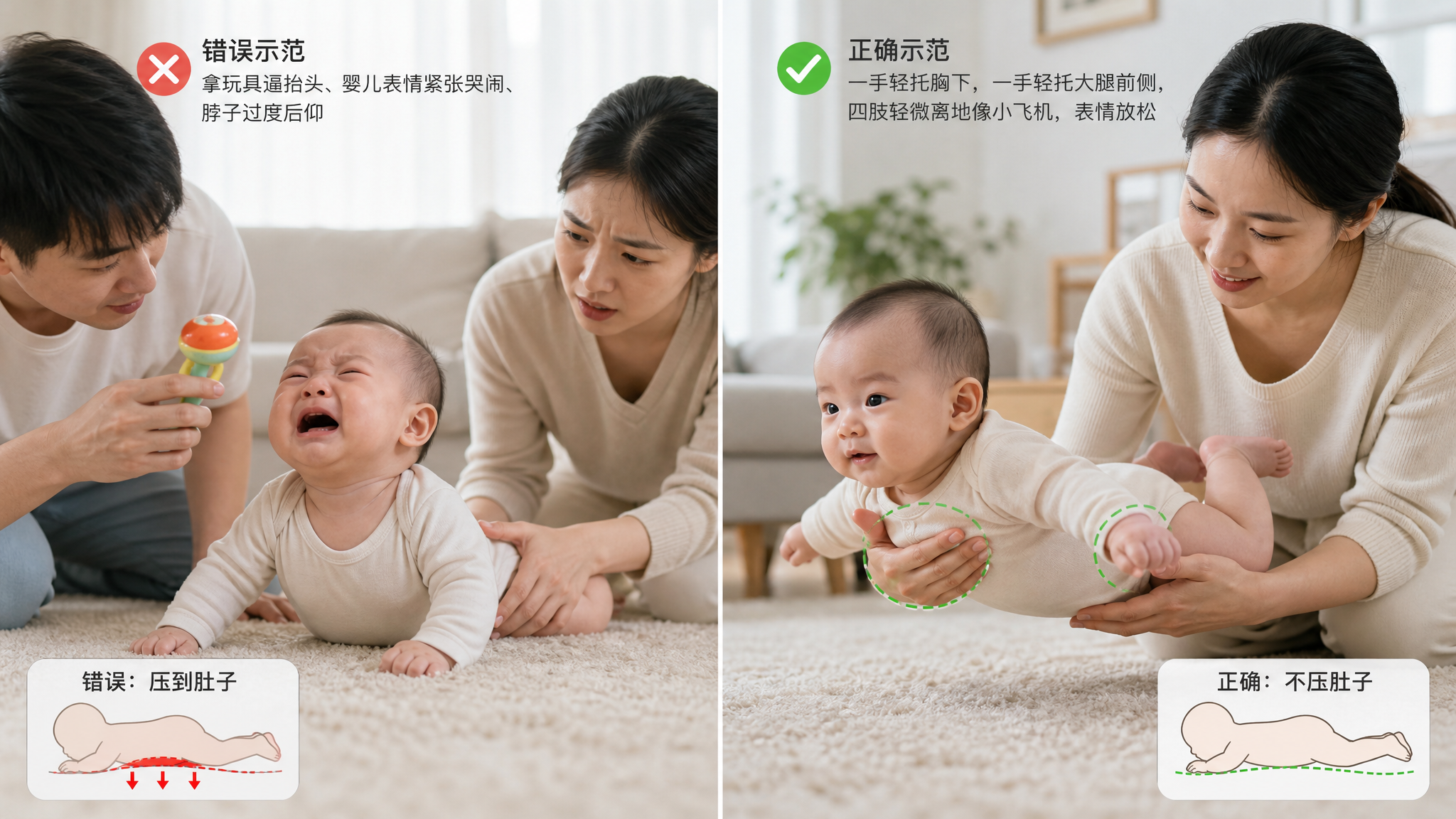 中国年轻父母在家中客厅的软垫地毯上为5-8个月中国婴儿进行俯卧“小飞机”训练对比演示，画面左右分屏：