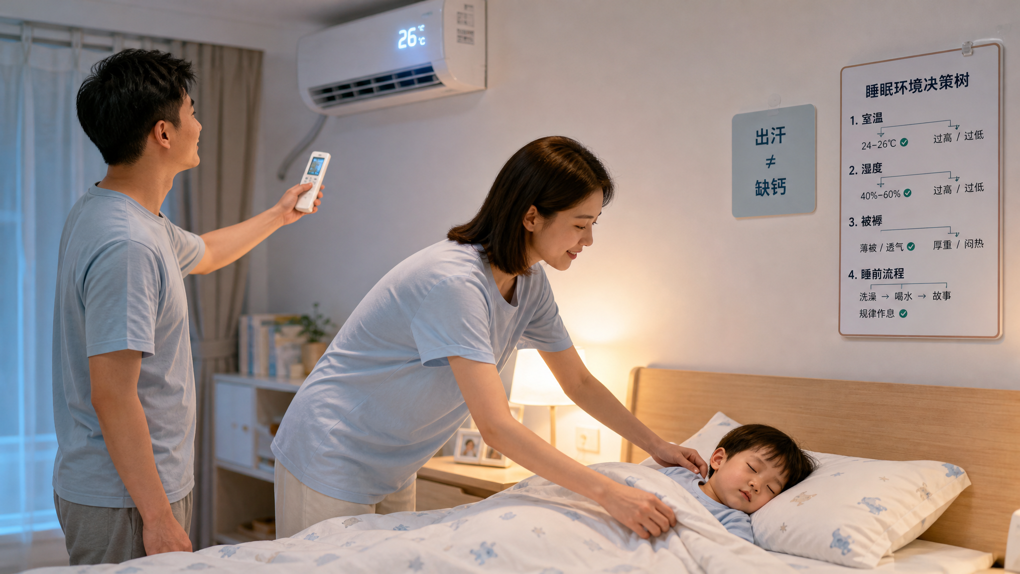 中国年轻父母在卧室里为中国幼儿调整夏季睡眠环境，爸爸正在用遥控器设置空调温度，妈妈在床边更换薄被并整
