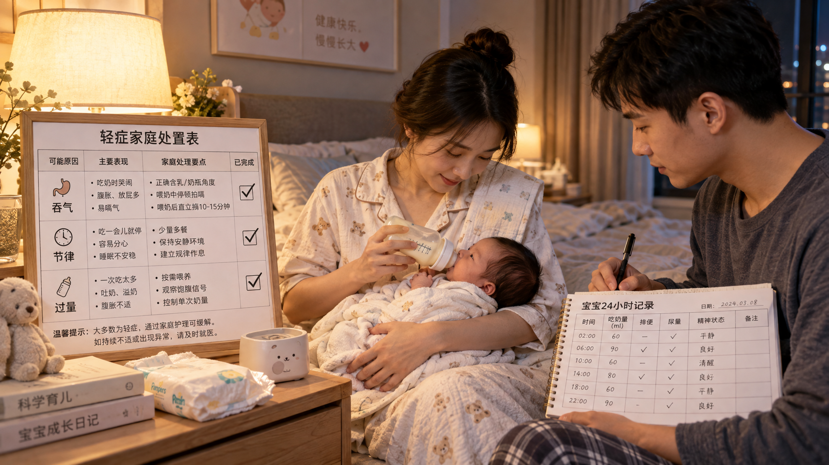 中国年轻妈妈和中国年轻爸爸在夜晚的温暖卧室里照顾新生儿，妈妈坐在床边用奶瓶分段喂奶、每几口停顿拍嗝，