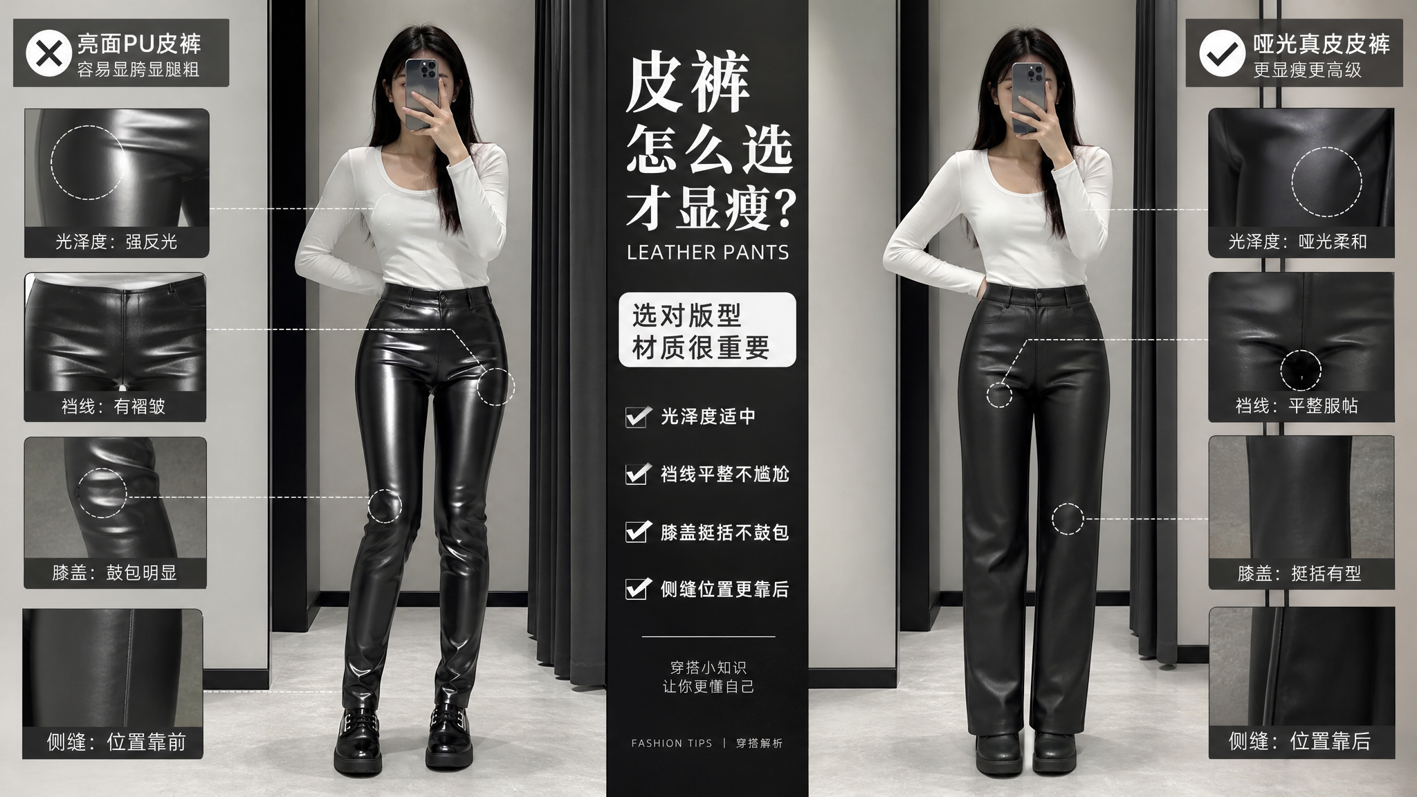 竖版对比图构图，中国年轻女性模特在室内试衣间场景，左侧穿亮面紧身PU皮裤，出现大腿强反光、裆部褶皱、