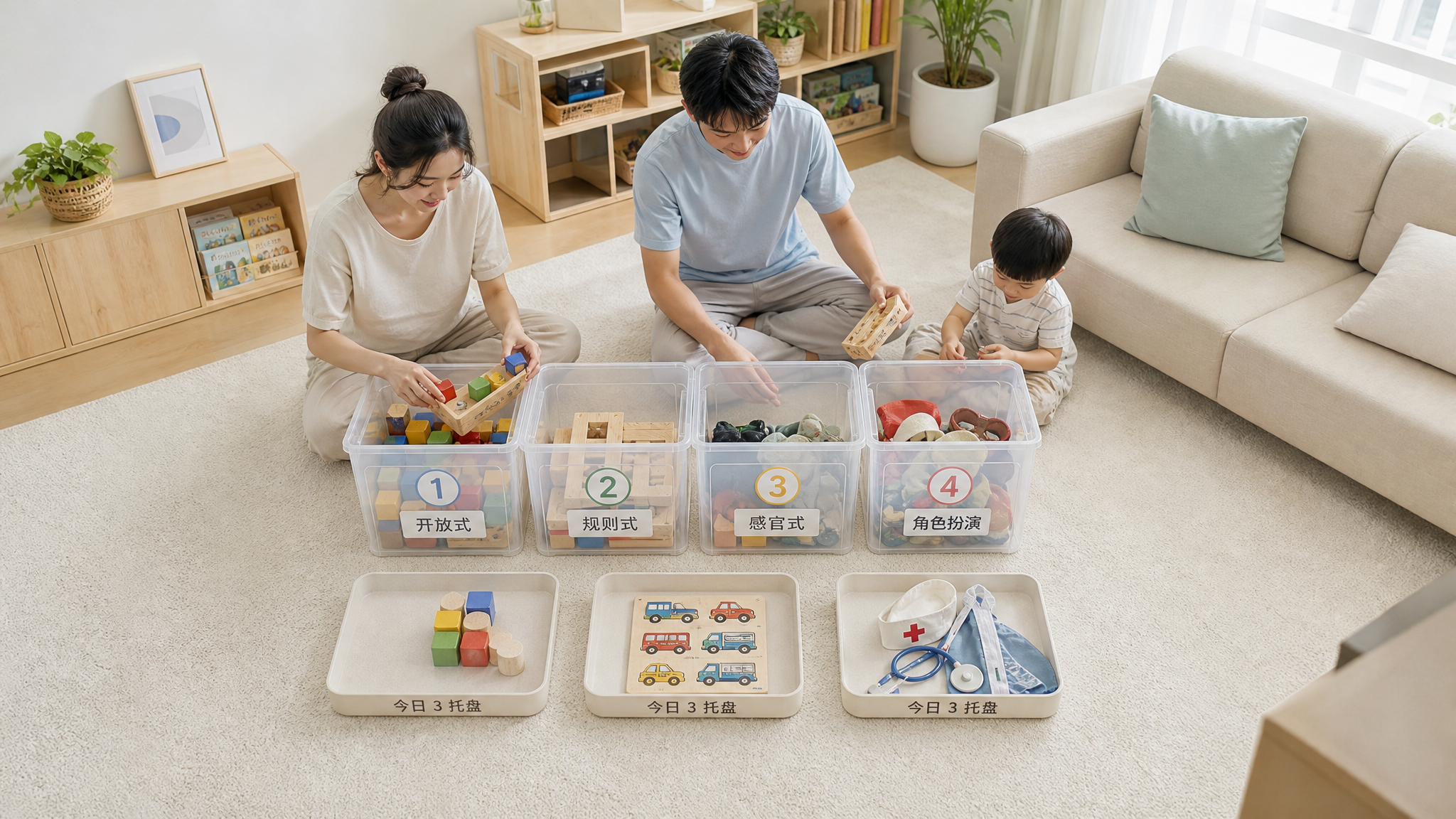 中国年轻妈妈与中国年轻爸爸在夏日明亮的家庭客厅里一起整理儿童玩具，地面铺浅色地毯，旁边有中国3-6岁