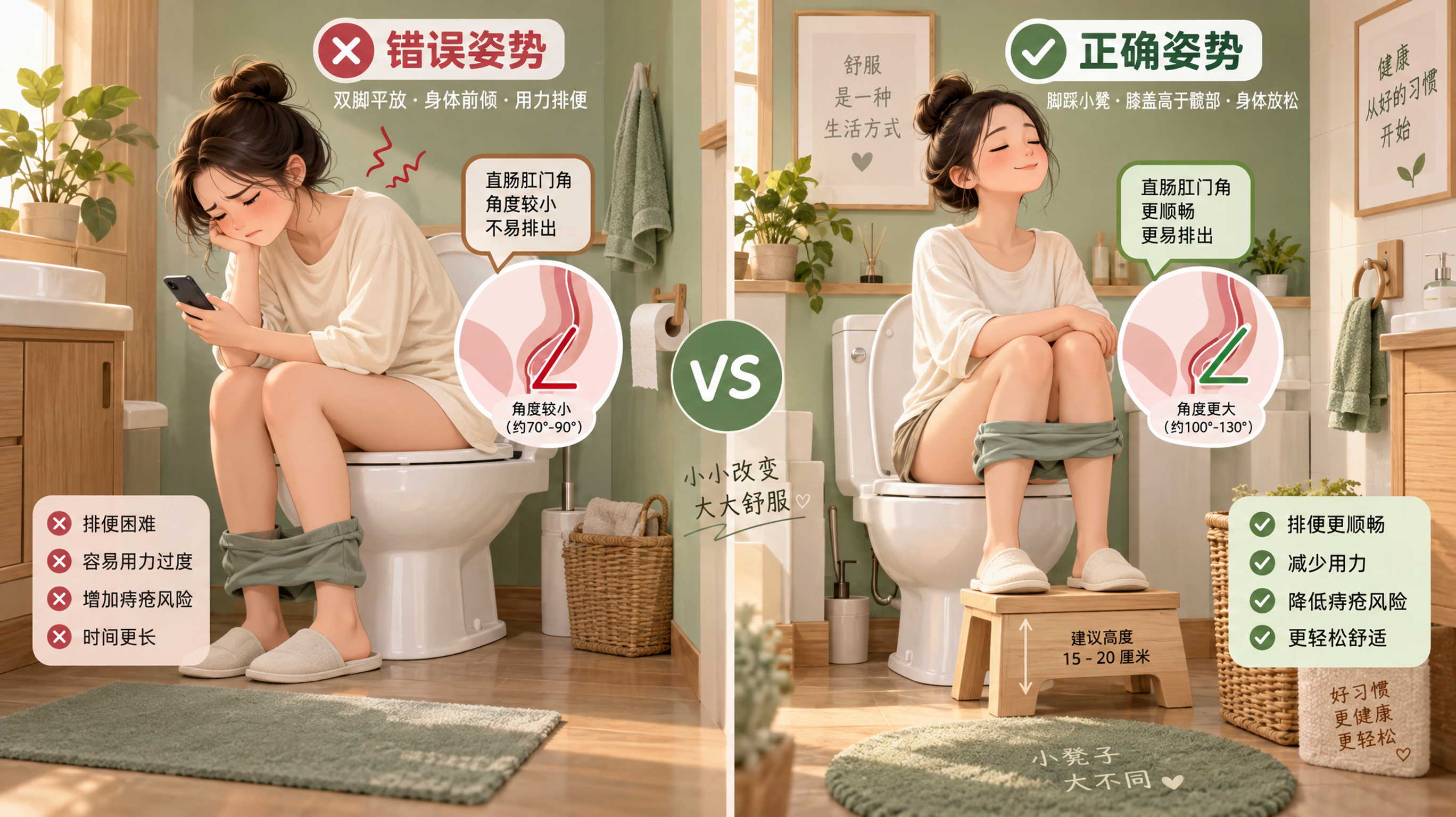 温暖木色与鼠尾草绿配色的家庭卫生间插画场景,中国年轻女性在卫生间如厕姿势示意,对比构图:左侧错误姿势