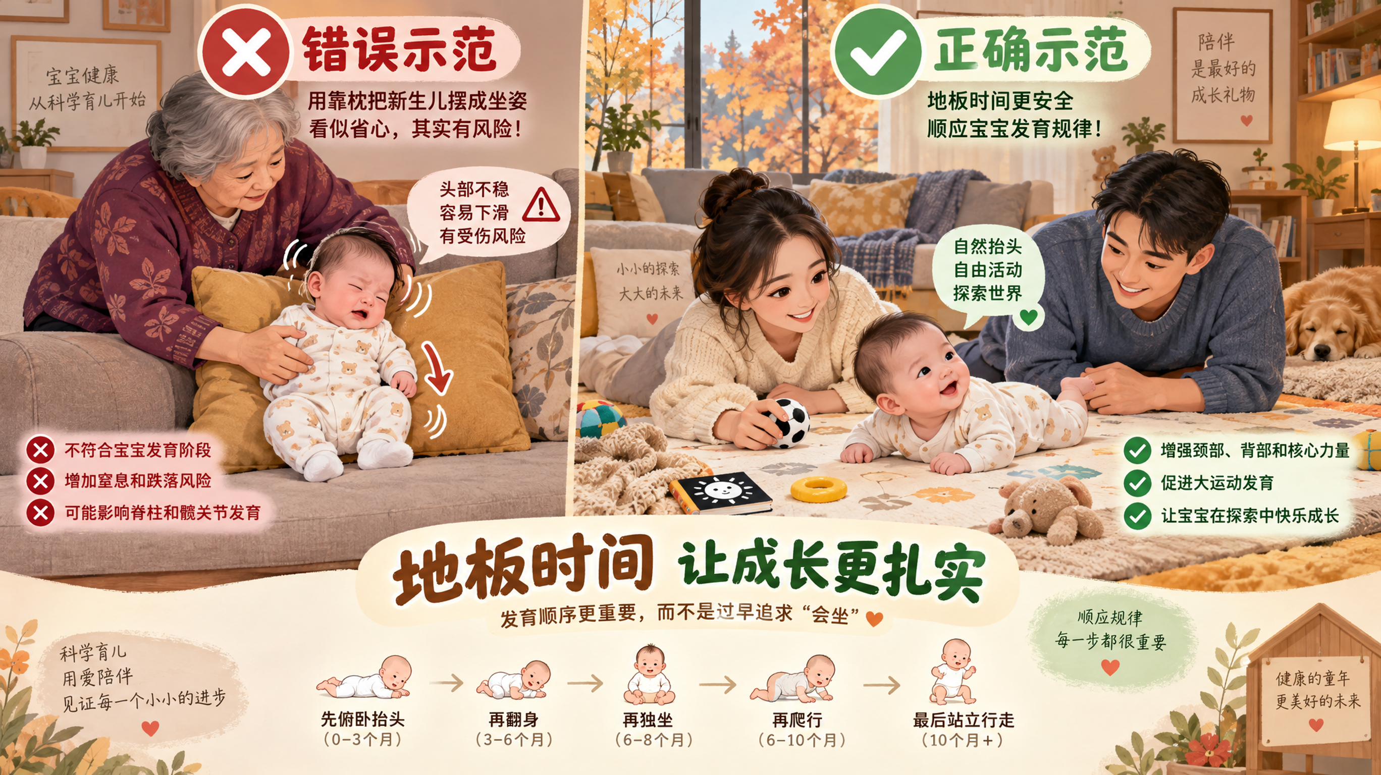 中国家庭客厅对比场景插画风，一张画面左右分栏构图：左侧为“错误示范”——中国奶奶在沙发旁用靠枕把5周