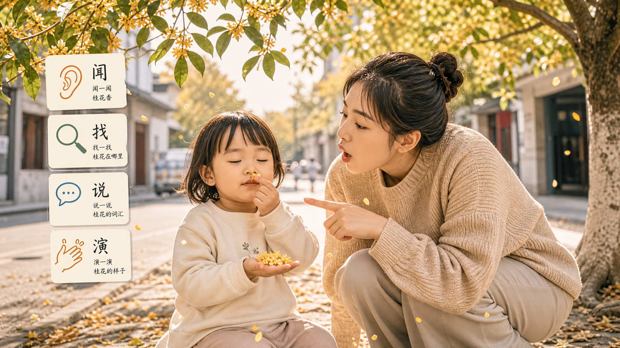 秋日街角一棵桂花树下，中国年轻妈妈蹲下陪一位1-3岁中国幼儿做亲子语言游戏，孩子闭眼轻闻桂花香，另一