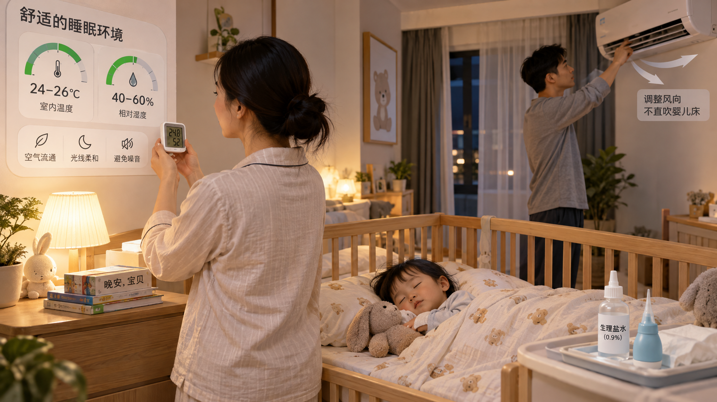 中国年轻父母在卧室里为1-3岁中国幼儿做睡前护理的生活场景，妈妈手拿温湿度计对着墙面仪表盘确认温度2