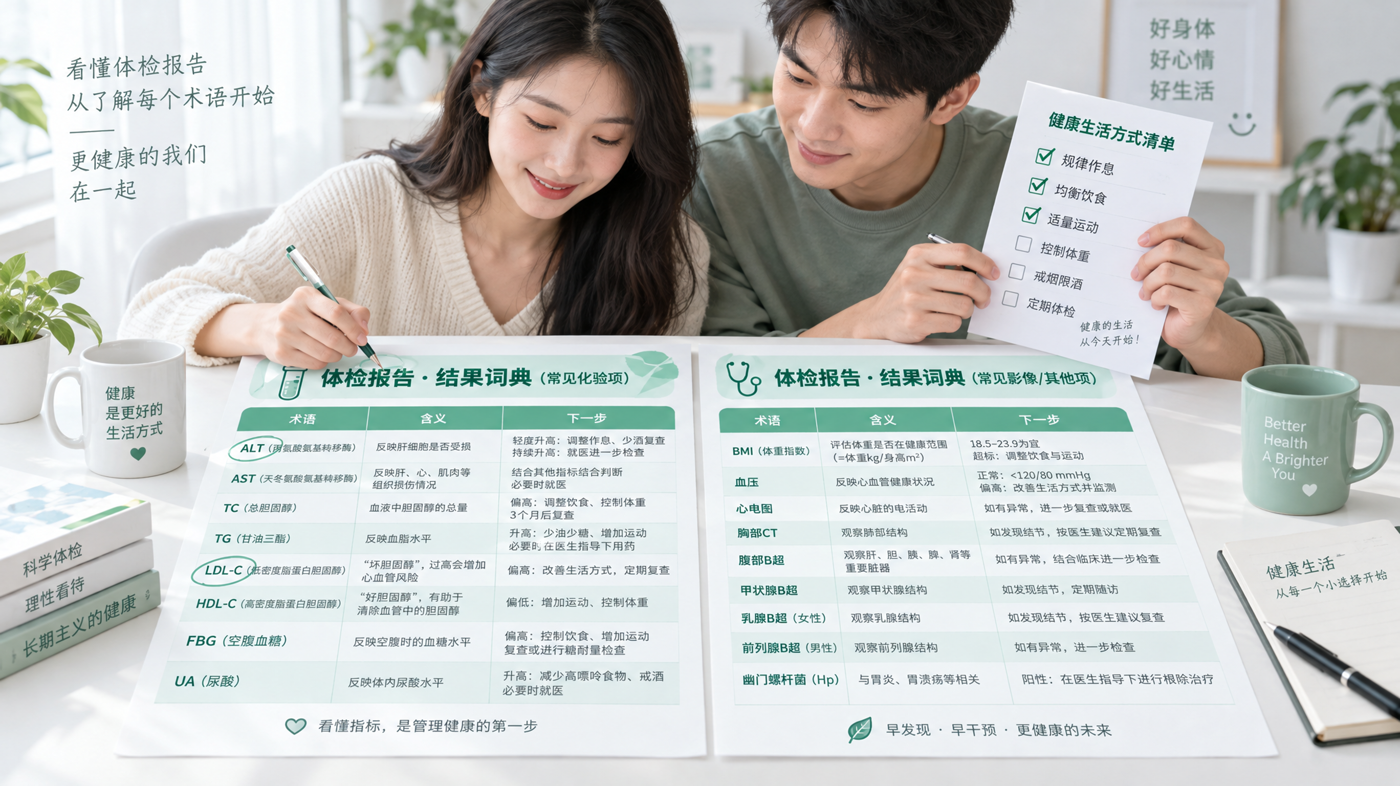 干净白色桌面上摆放两张体检报告的“结果词典”长图风格信息卡，薄荷绿色与白色配色，画面中有一对中国年轻