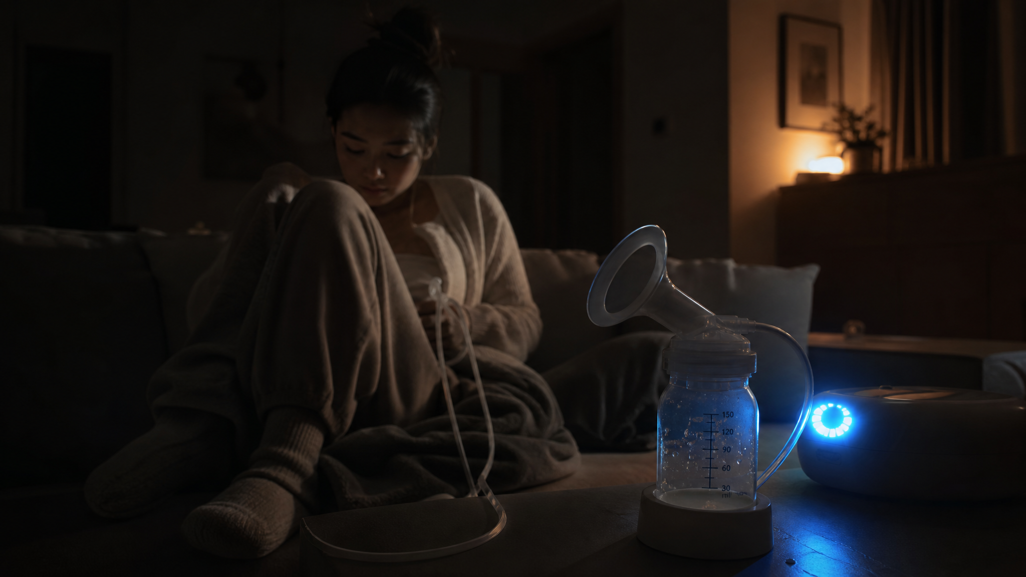 中国年轻妈妈在深夜家庭客厅独自泵奶,人物穿着舒适家居服蜷坐在沙发一角,手边有毯子和棉袜,前景特写为量
