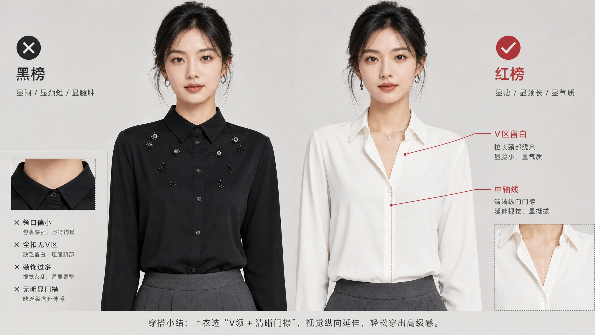 高智极简风穿搭对比信息图，场景为干净的浅灰背景棚拍；两位中国年轻女性半身同角度站立对比，左侧“黑榜”
