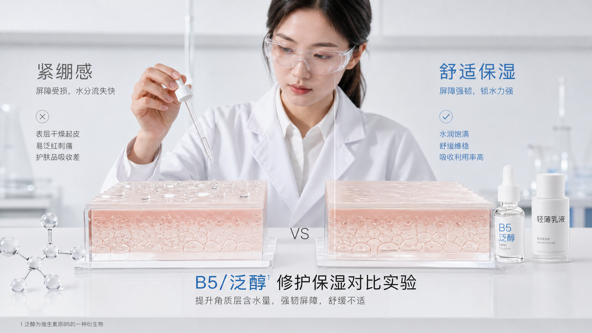 实验室清透风的护肤科普场景,中国年轻女性研究员站在白色干净实验台前,手拿滴管正在对比两块透明亚克力皮