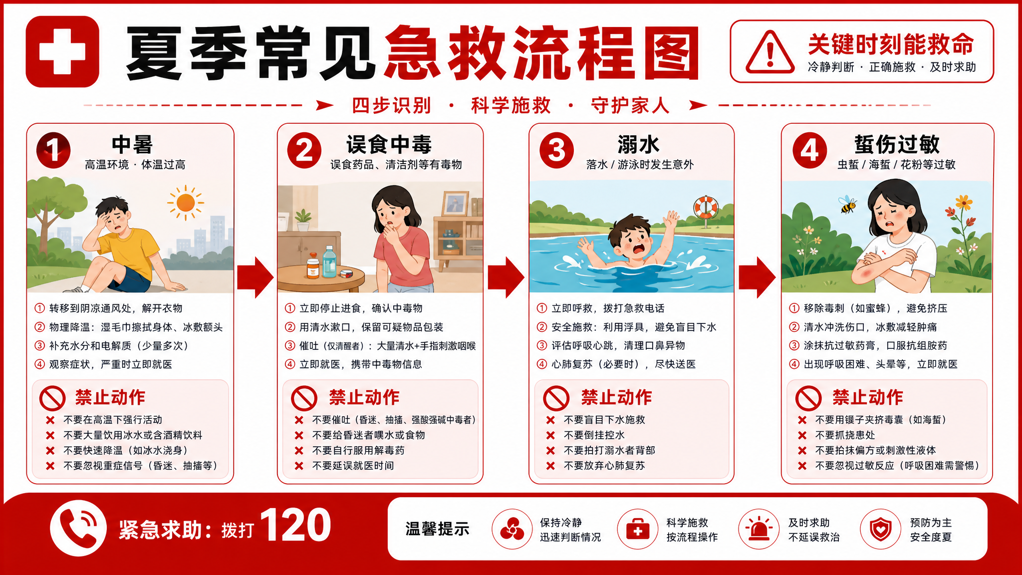 一张可打印的A4急救流程图海报,红白警示风格,画面主体为“四格分镜+流程箭头”:中暑、误食中毒、溺水