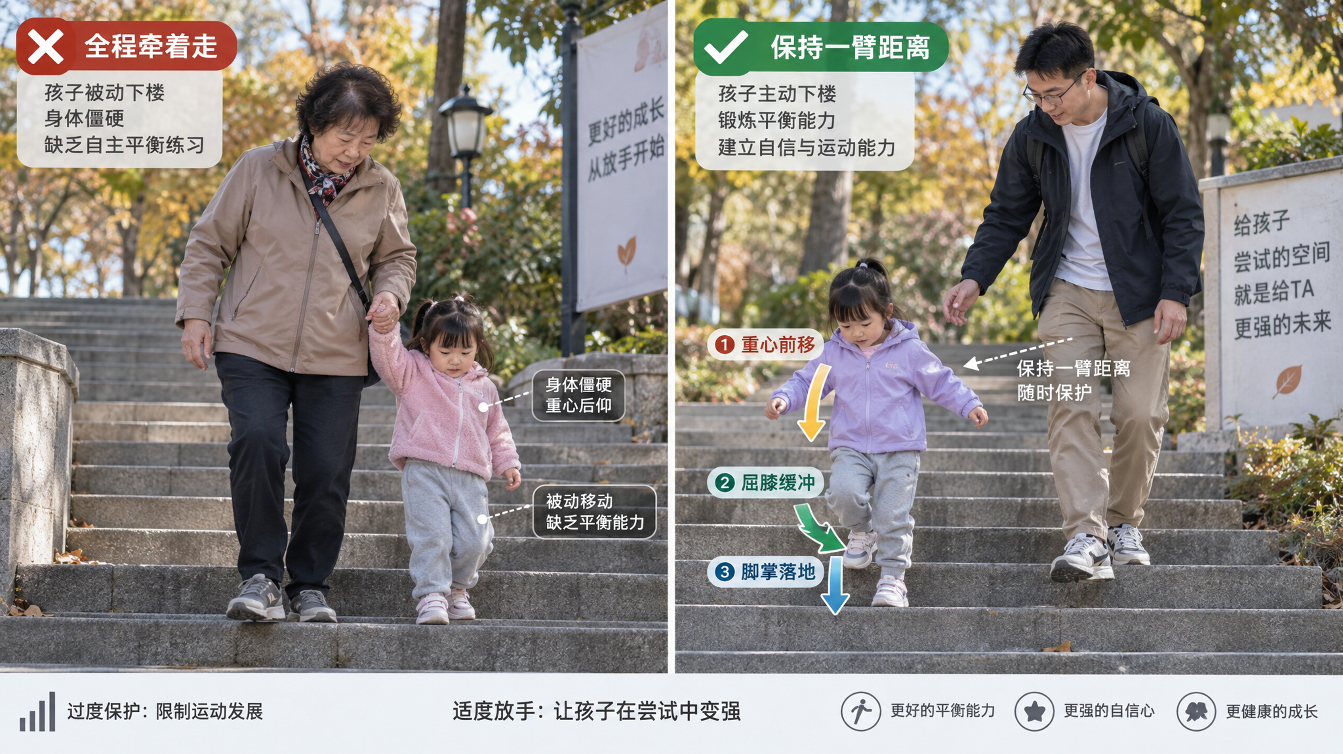 中国户外公园台阶场景，分屏对比构图：左侧中国长辈全程牵着一名3-6岁中国幼儿下楼梯，孩子身体僵硬；右