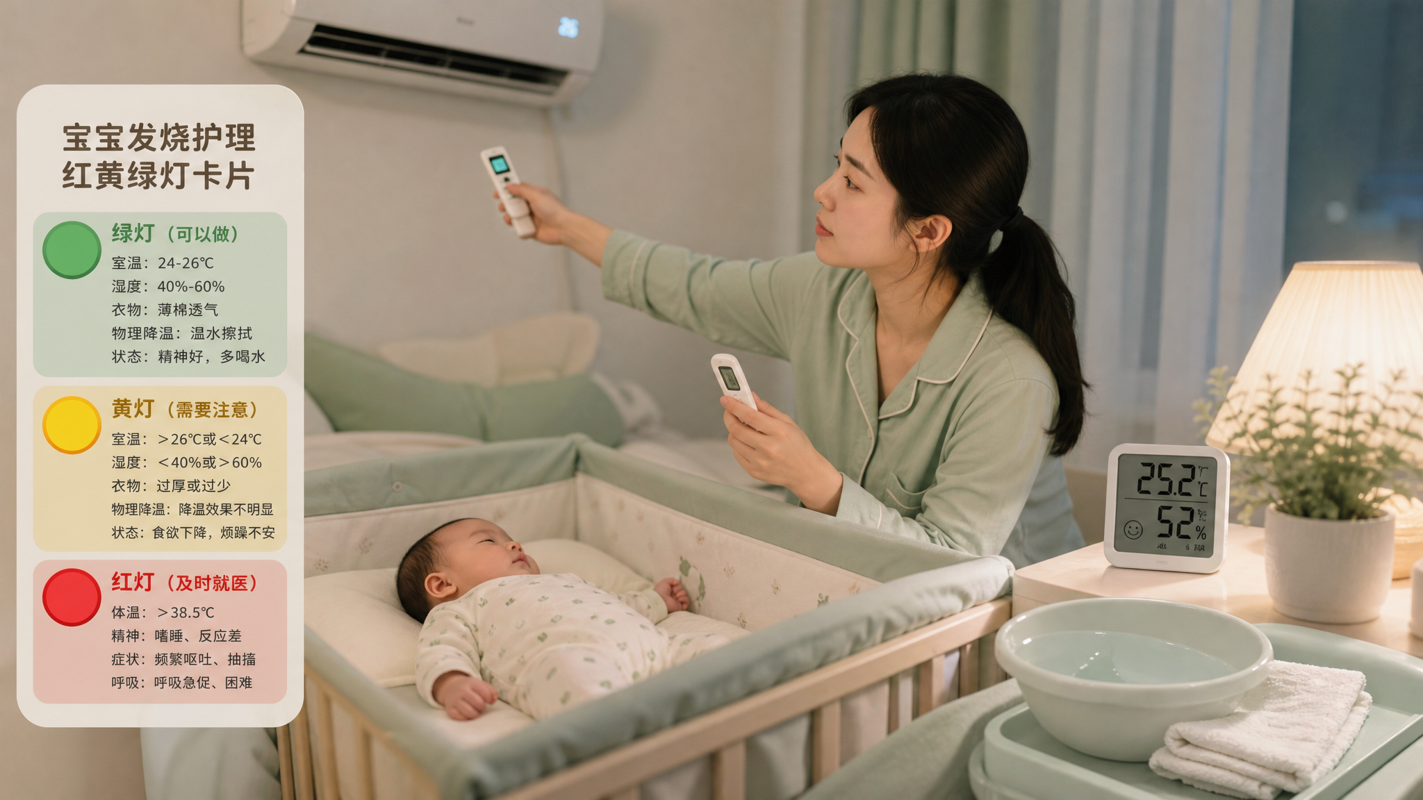 中国年轻妈妈在卧室夜间照护发烧的中国婴儿，妈妈一手拿电子体温计一手调整空调遥控器，旁边有温湿度计显示