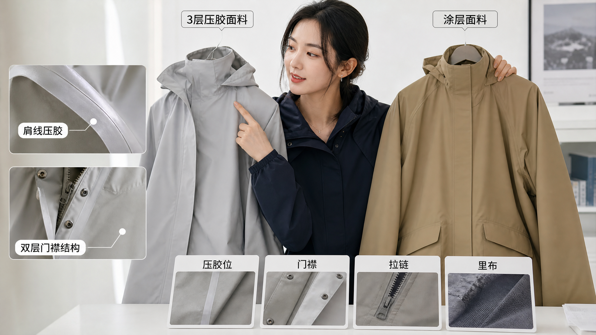 中国年轻女性在室内明亮的白色背景桌面前，手持两件不同材质的防泼水风衣做对比展示，一件为3层压胶面料一