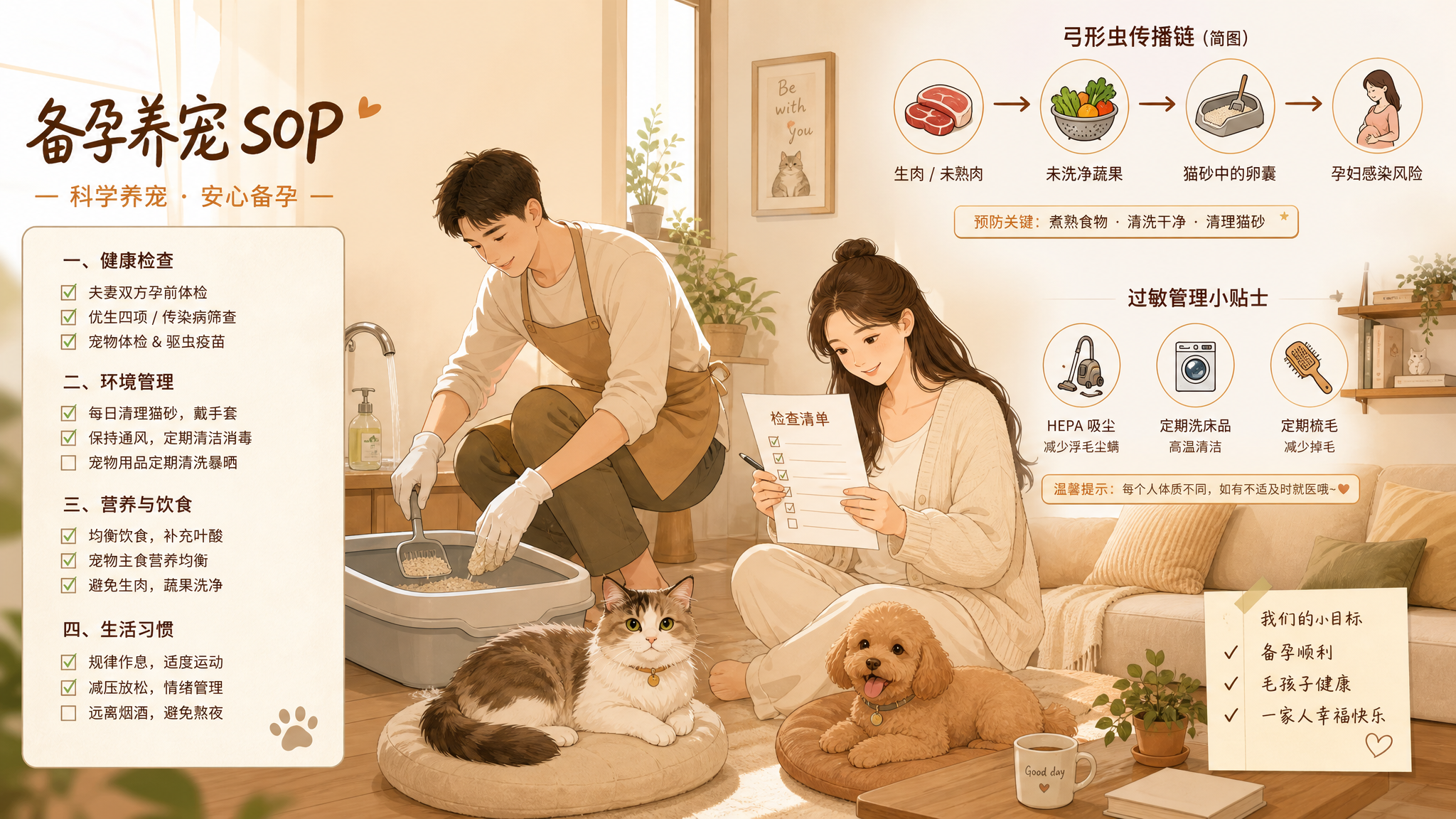 温暖治愈的暖焦糖色居家插画风格，中国年轻夫妻在客厅里做“备孕养宠SOP”清单管理，准爸爸戴一次性手套