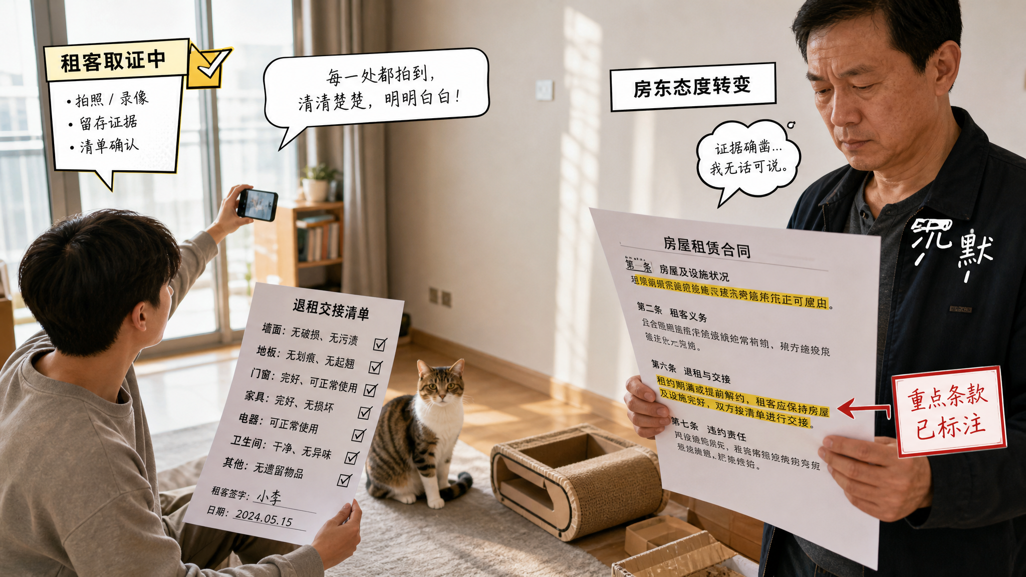 中国年轻租客在出租屋客厅里手持“退租交接清单”与手机,正在对着墙面与地板拍摄取证,旁边有一只安静坐着